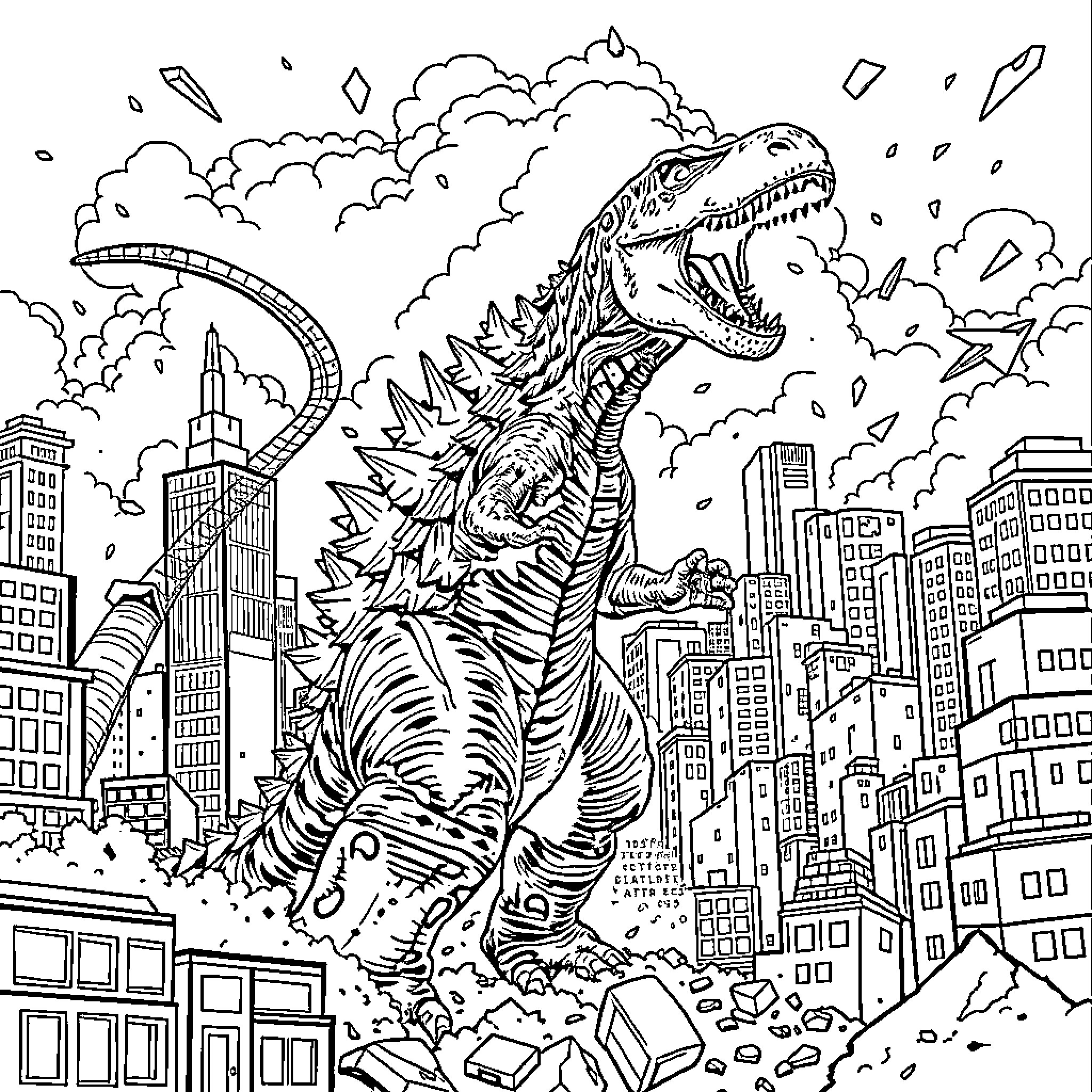 Godzilla rampaging through the city skyline Coloring Page (free black-and-white line drawing printable PDF for all, from beginners to advanced learners, including children, teens, adults, and seniors)
