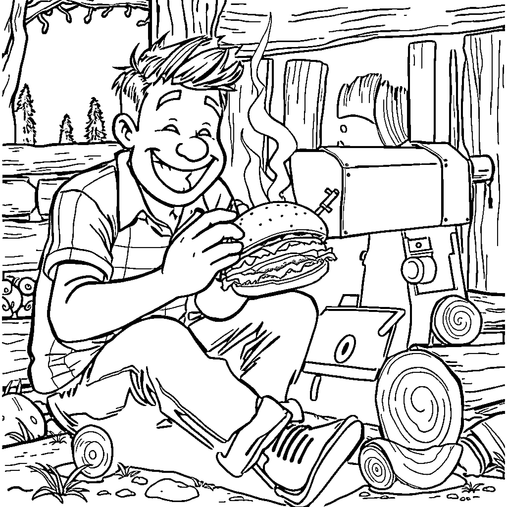 Jerma enjoying a delicious burger in the wilderness Coloring Page (free black-and-white line drawing printable PDF for all, from beginners to advanced learners, including children, teens, adults, and seniors)