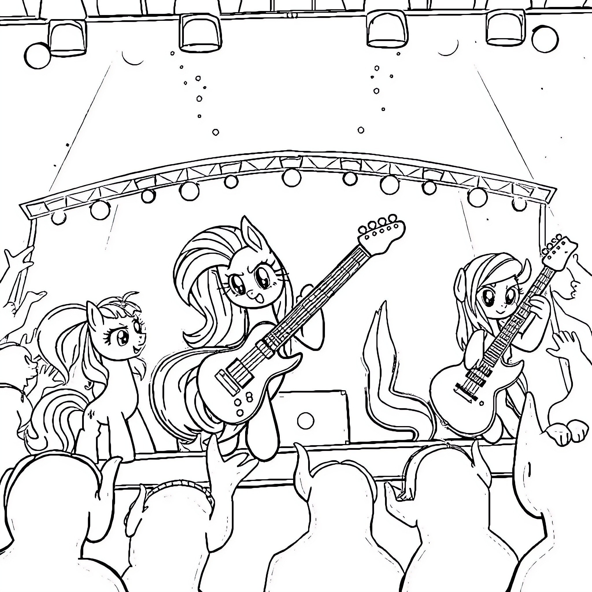 Pony rock band performing on stage Coloring Page (free black-and-white line drawing printable PDF for all, from beginners to advanced learners, including children, teens, adults, and seniors)