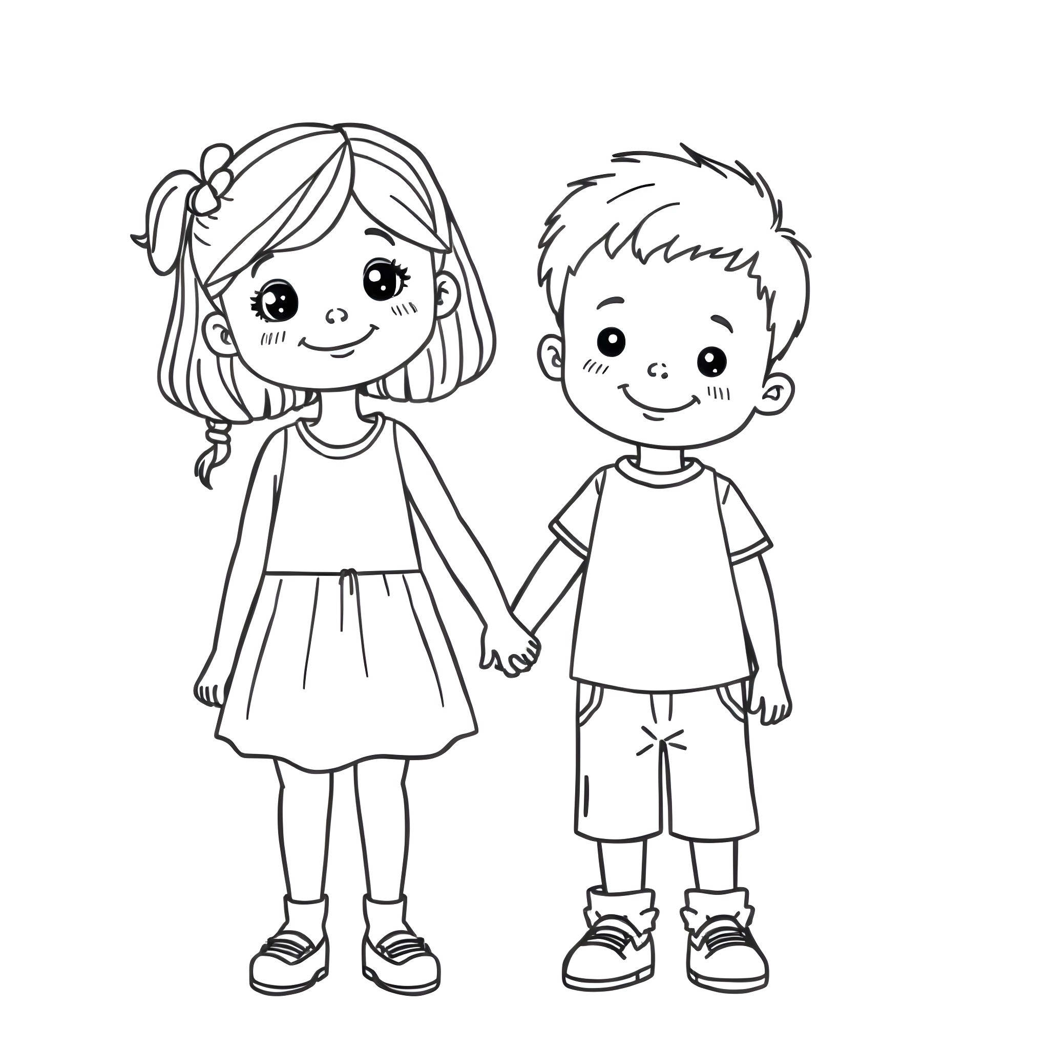 Child friends holding hands happily Coloring Page (free black-and-white line drawing printable PDF for all, from beginners to advanced learners, including children, teens, adults, and seniors)