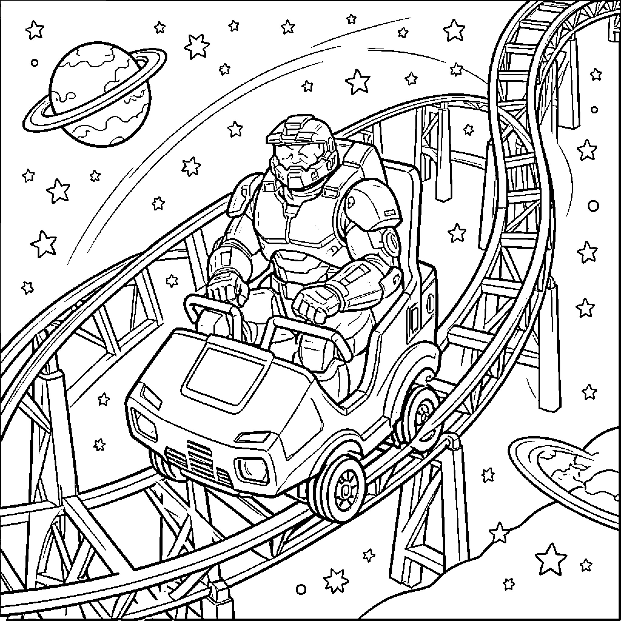 Master Chief riding roller coaster through space Coloring Page (free black-and-white line drawing printable PDF for all, from beginners to advanced learners, including children, teens, adults, and seniors)