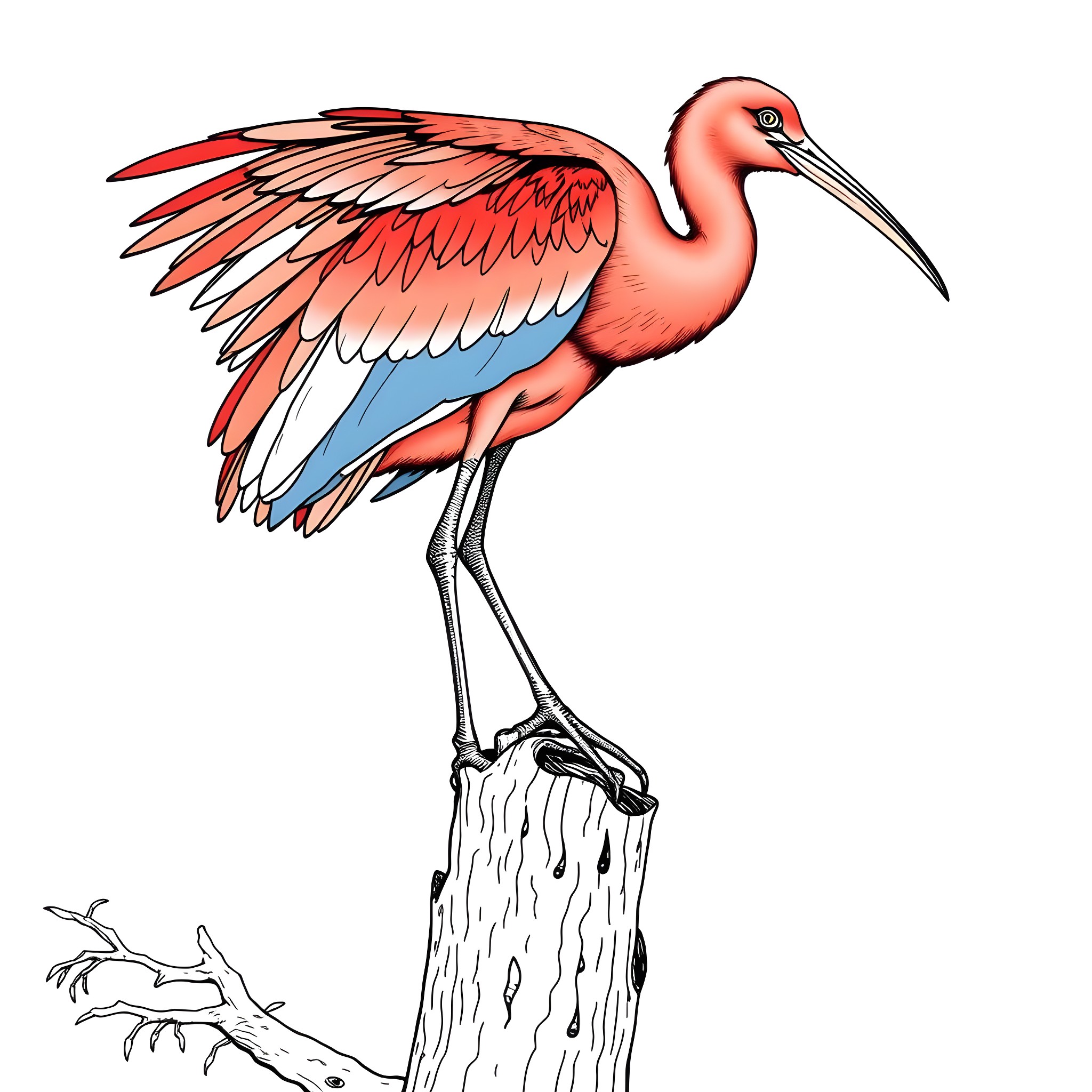 Ibis Standing Tall on Tree Stump Coloring Page (free black-and-white line drawing printable PDF for all, from beginners to advanced learners, including children, teens, adults, and seniors)