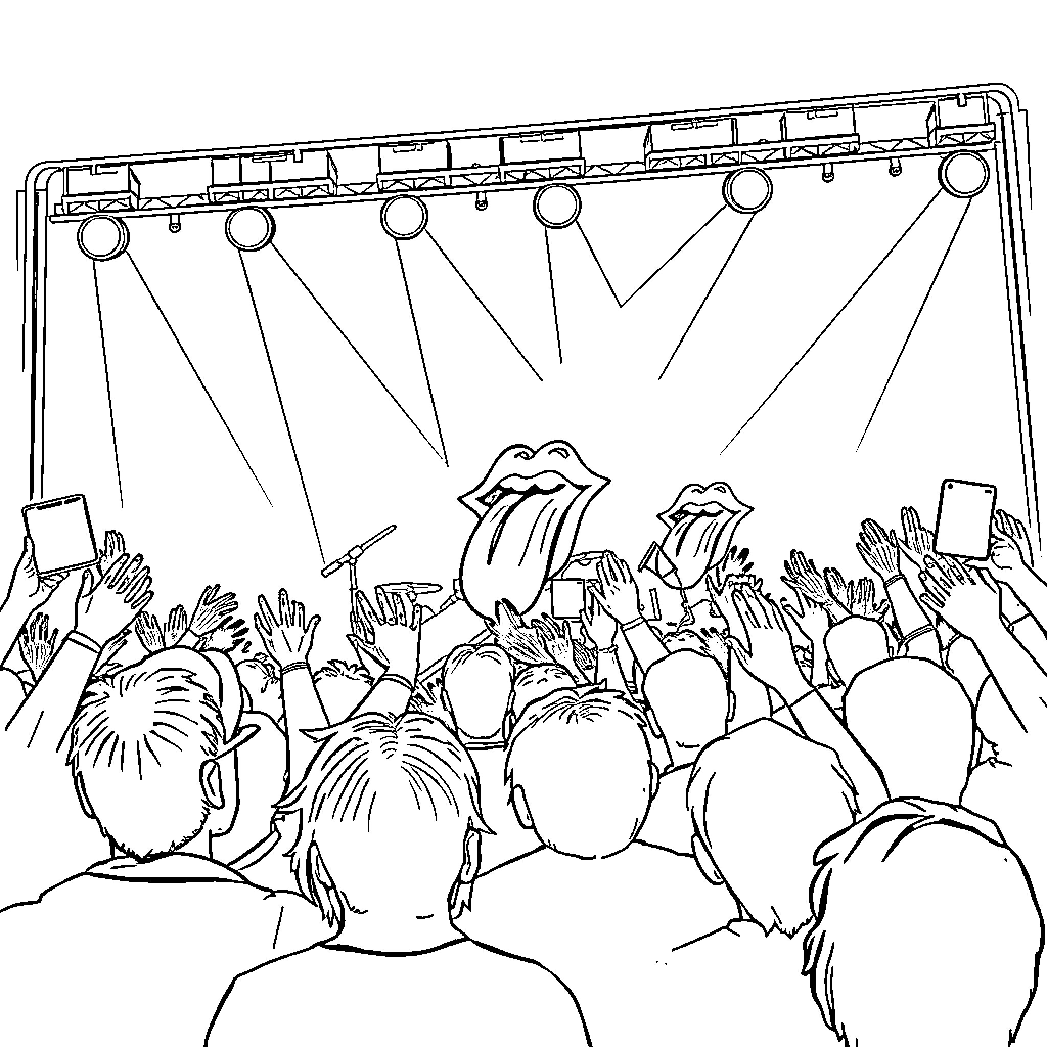 Rolling Stones performing on stage before excited crowd Coloring Page (free black-and-white line drawing printable PDF for all, from beginners to advanced learners, including children, teens, adults, and seniors)