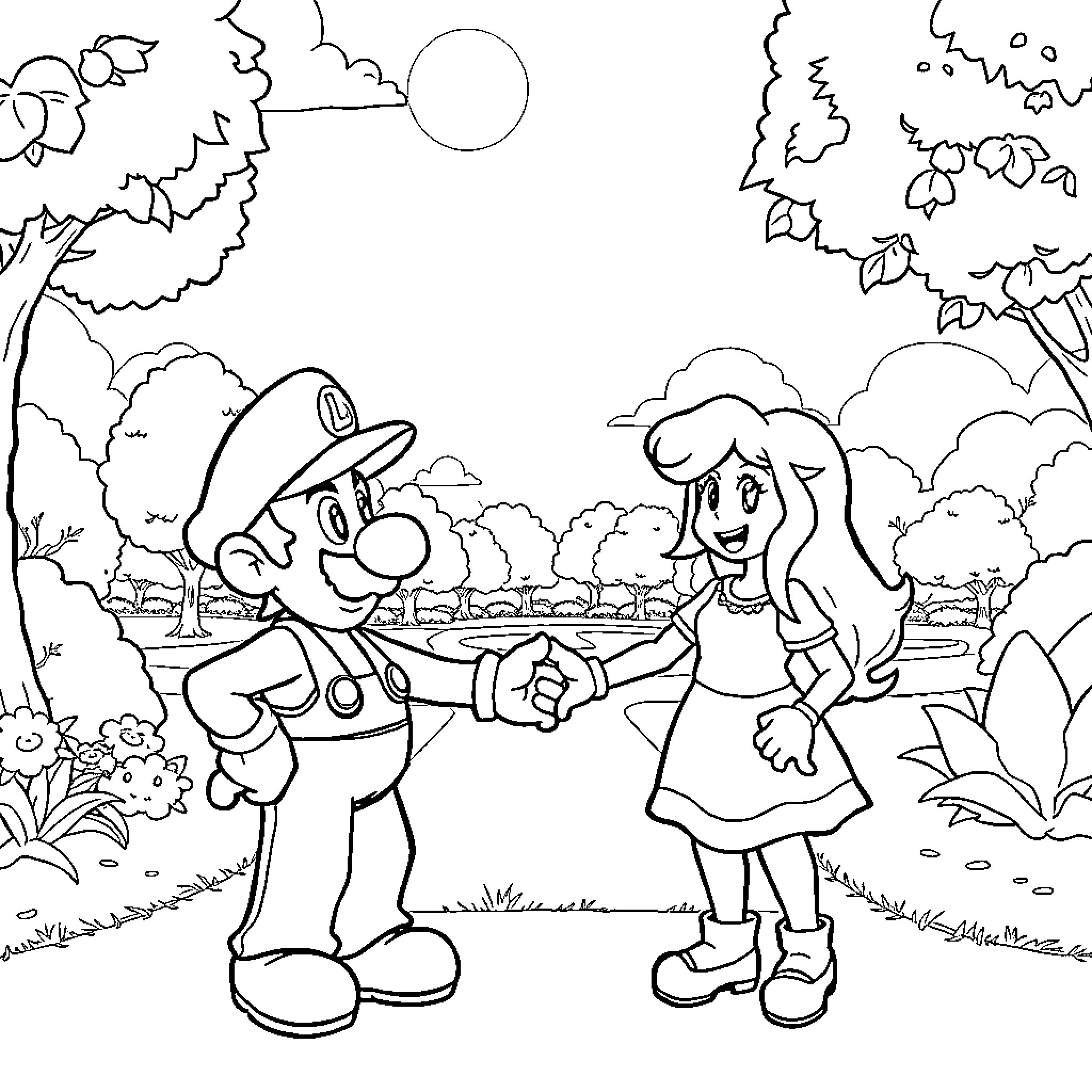 Luigi's Outdoor Adventure with a Friend Coloring Page (free black-and-white line drawing printable PDF for all, from beginners to advanced learners, including children, teens, adults, and seniors)
