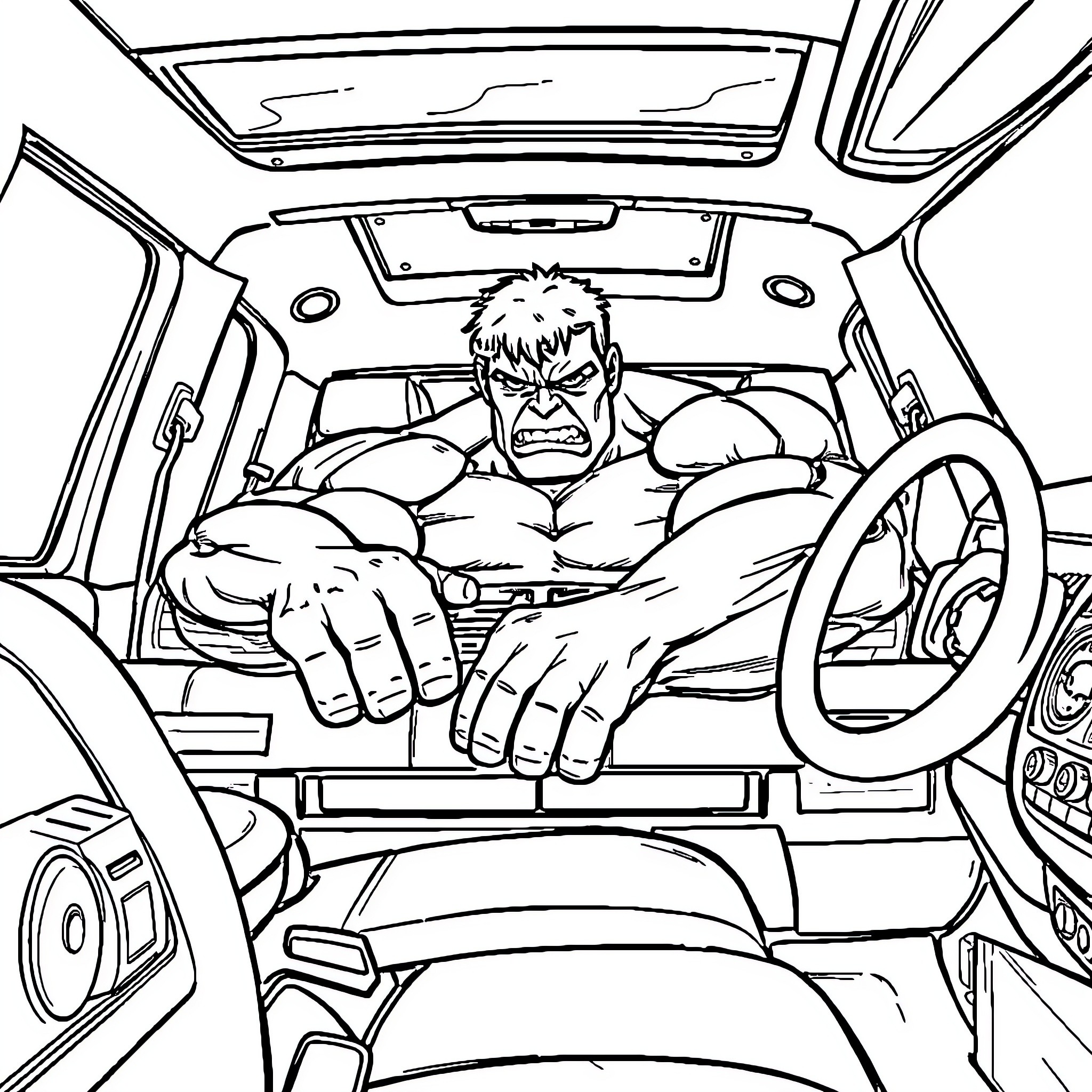 Hulk's Angry Driving Coloring Page (free black-and-white line drawing printable PDF for all, from beginners to advanced learners, including children, teens, adults, and seniors)