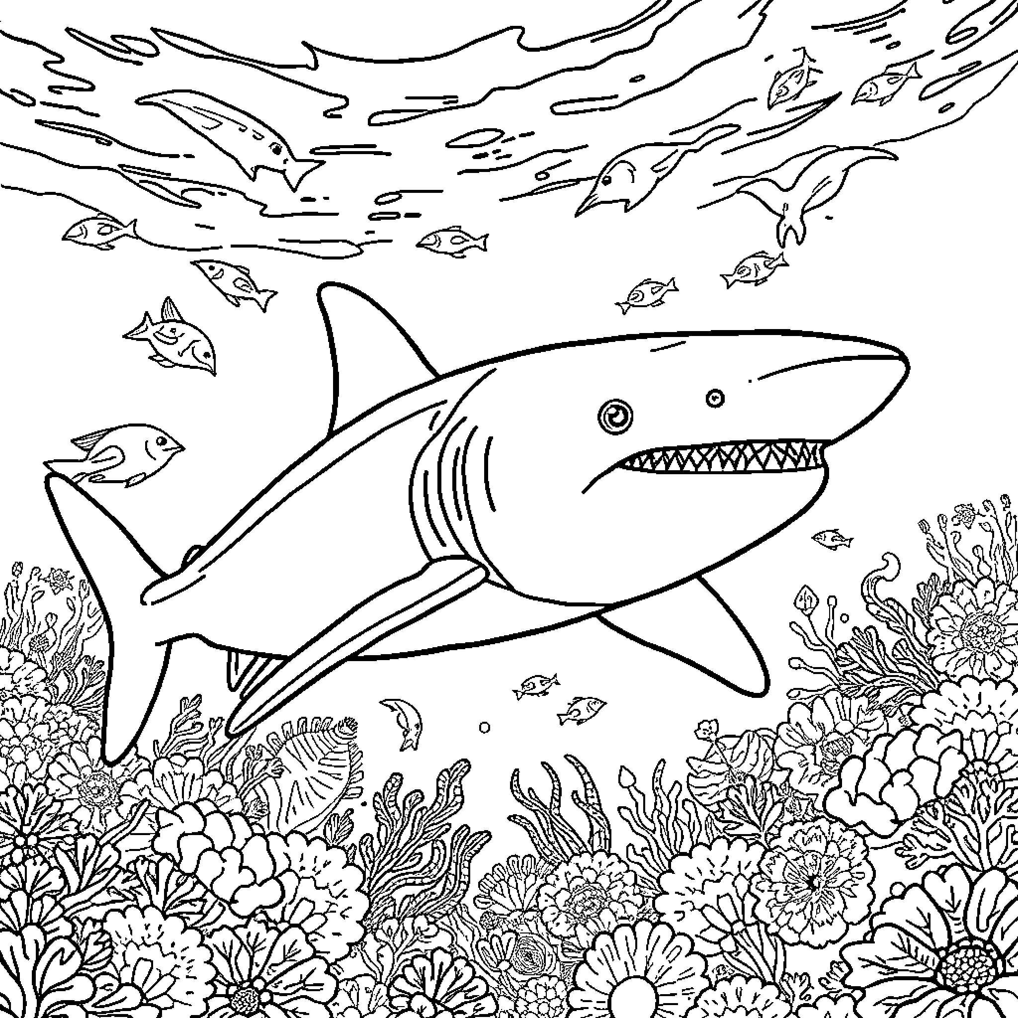 Hammerhead Shark hunting underwater in the ocean Coloring Page (free black-and-white line drawing printable PDF for all, from beginners to advanced learners, including children, teens, adults, and seniors)