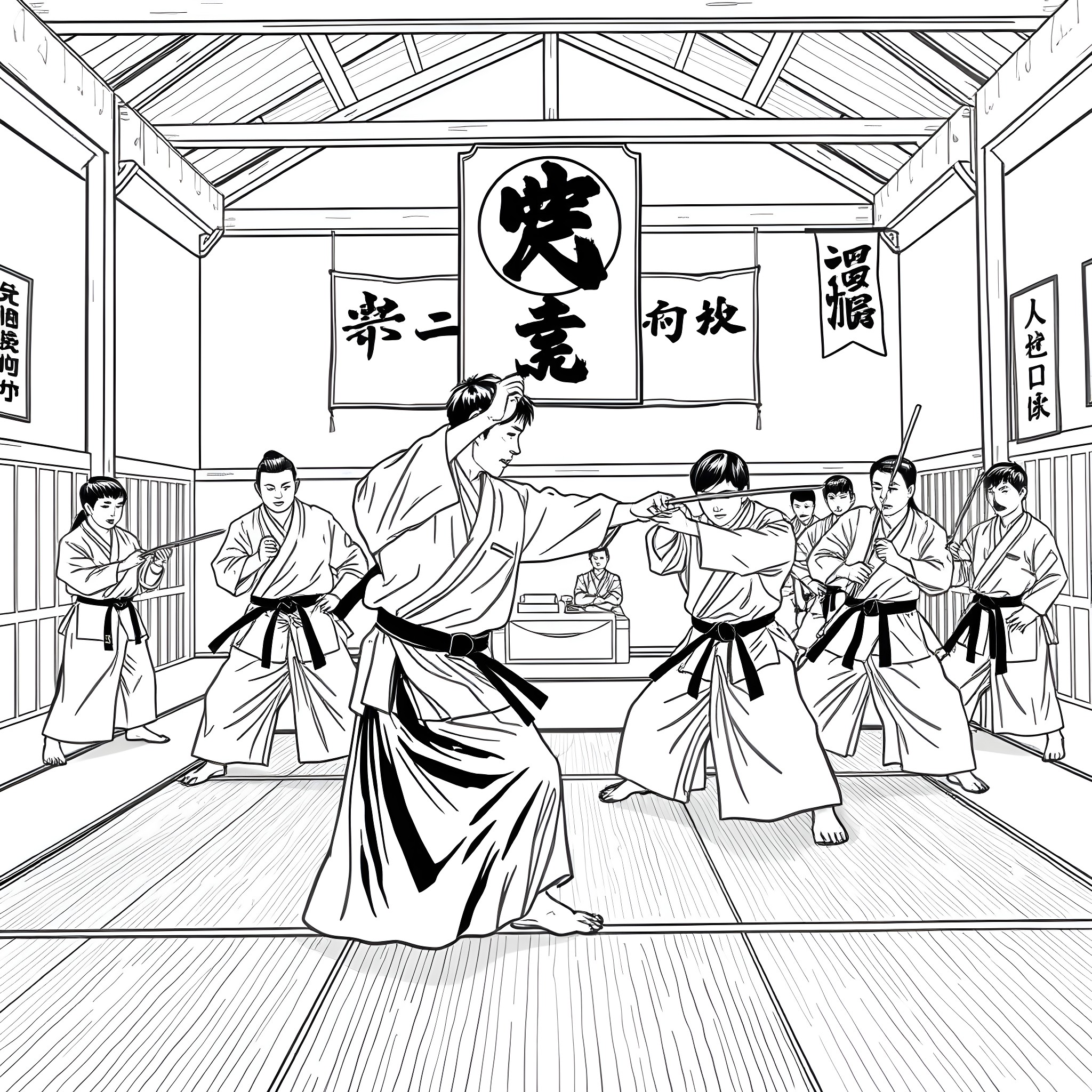 Akaido: Martial Arts Training in Traditional Dojo Coloring Page (free black-and-white line drawing printable PDF for all, from beginners to advanced learners, including children, teens, adults, and seniors)