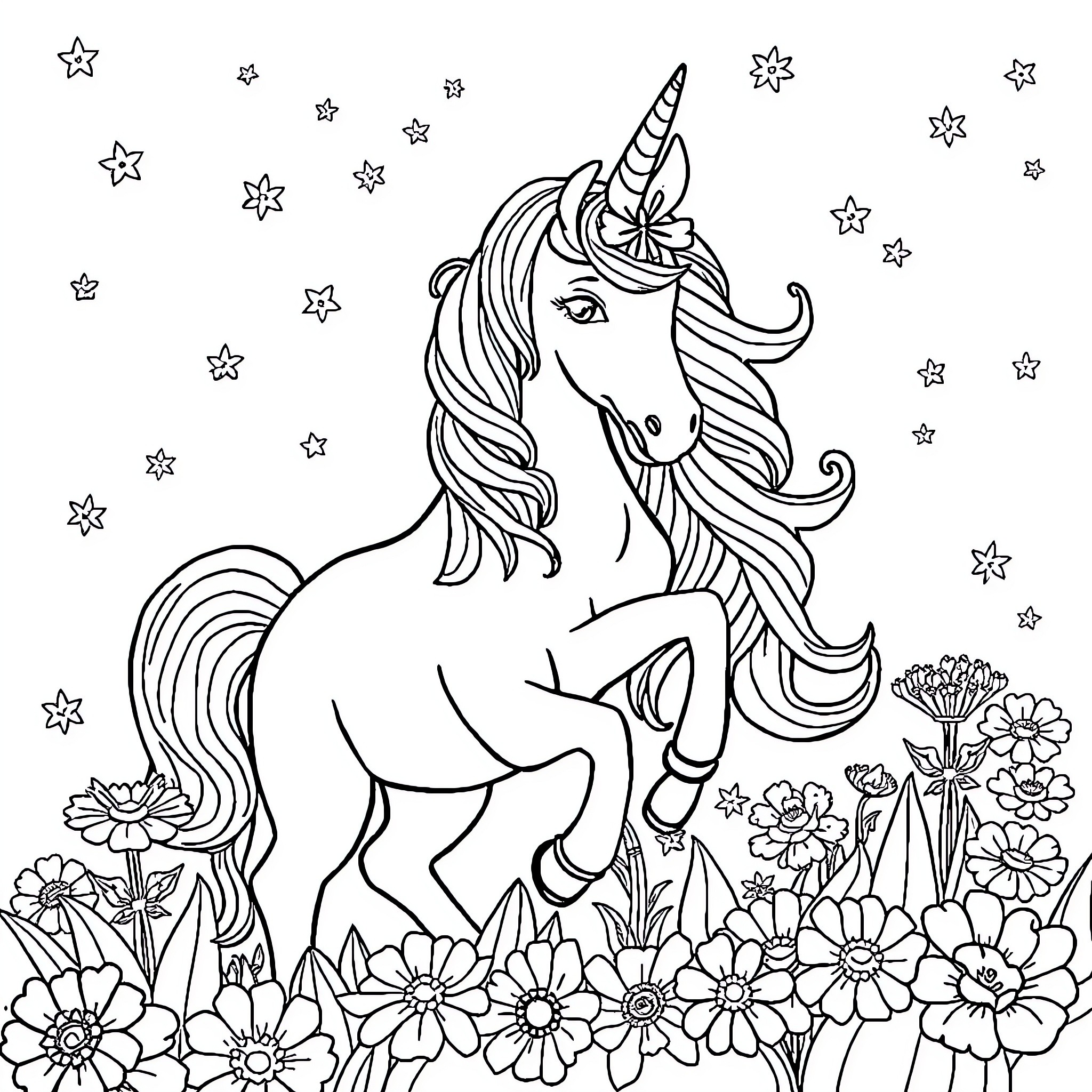 Skeletal Unicorn in a Floral Fantasy Coloring Page (free black-and-white line drawing printable PDF for all, from beginners to advanced learners, including children, teens, adults, and seniors)