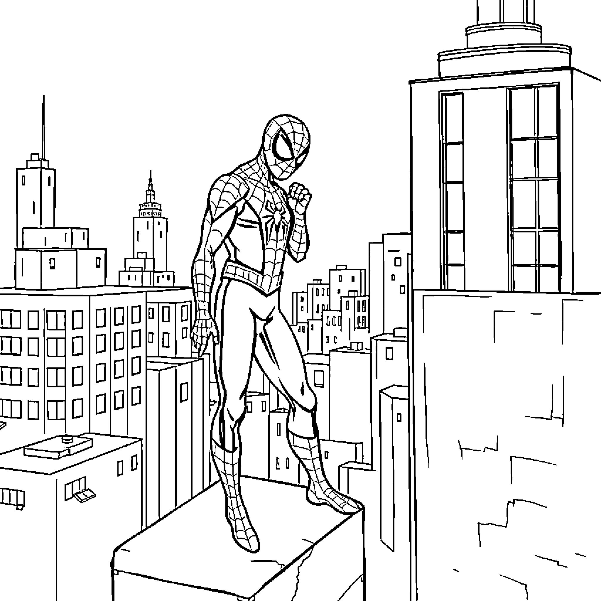 Spiderman overlooking the city skyline Coloring Page (free black-and-white line drawing printable PDF for all, from beginners to advanced learners, including children, teens, adults, and seniors)