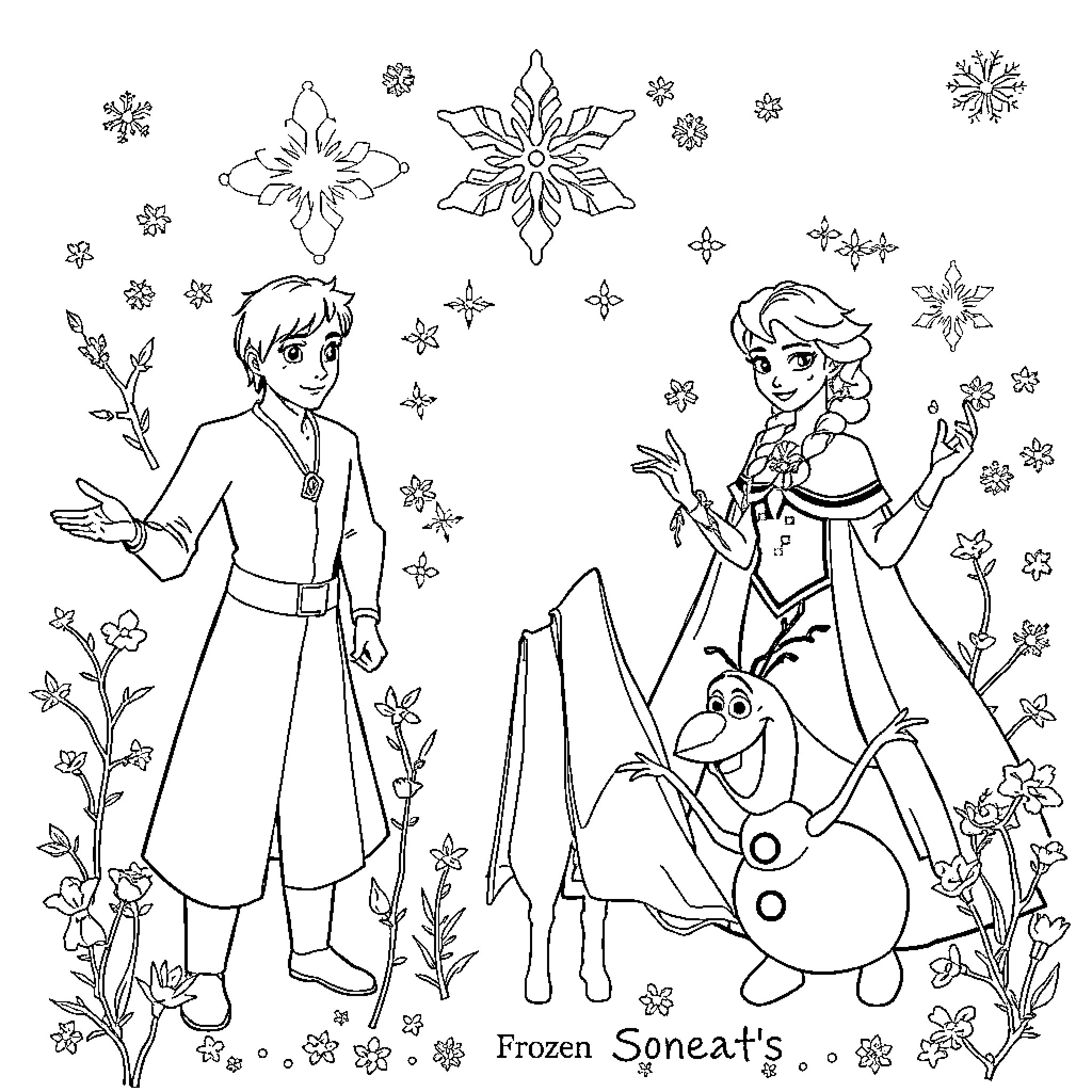 Frozen Scene with Snowflakes and Characters Coloring Page (free black-and-white line drawing printable PDF for all, from beginners to advanced learners, including children, teens, adults, and seniors)