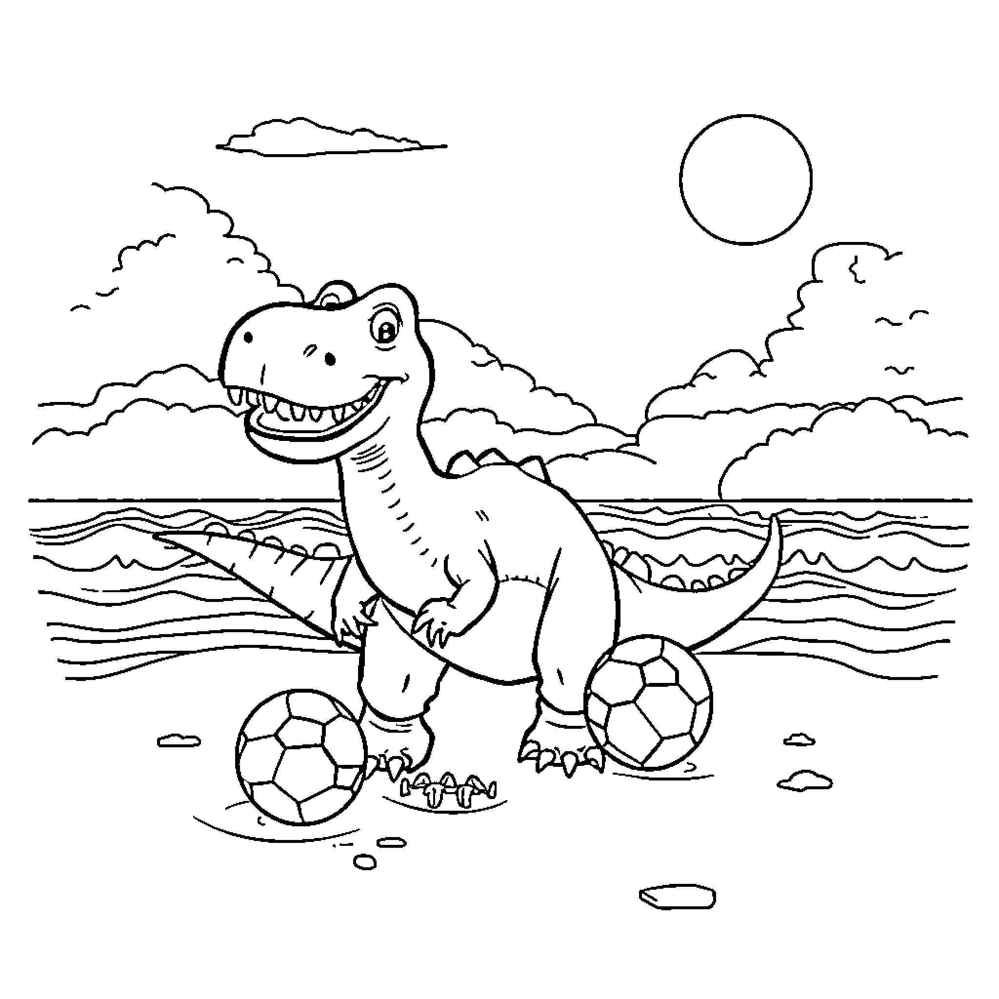 Dinosaur playing with soccer balls on the beach Coloring Page (free black-and-white line drawing printable PDF for all, from beginners to advanced learners, including children, teens, adults, and seniors)