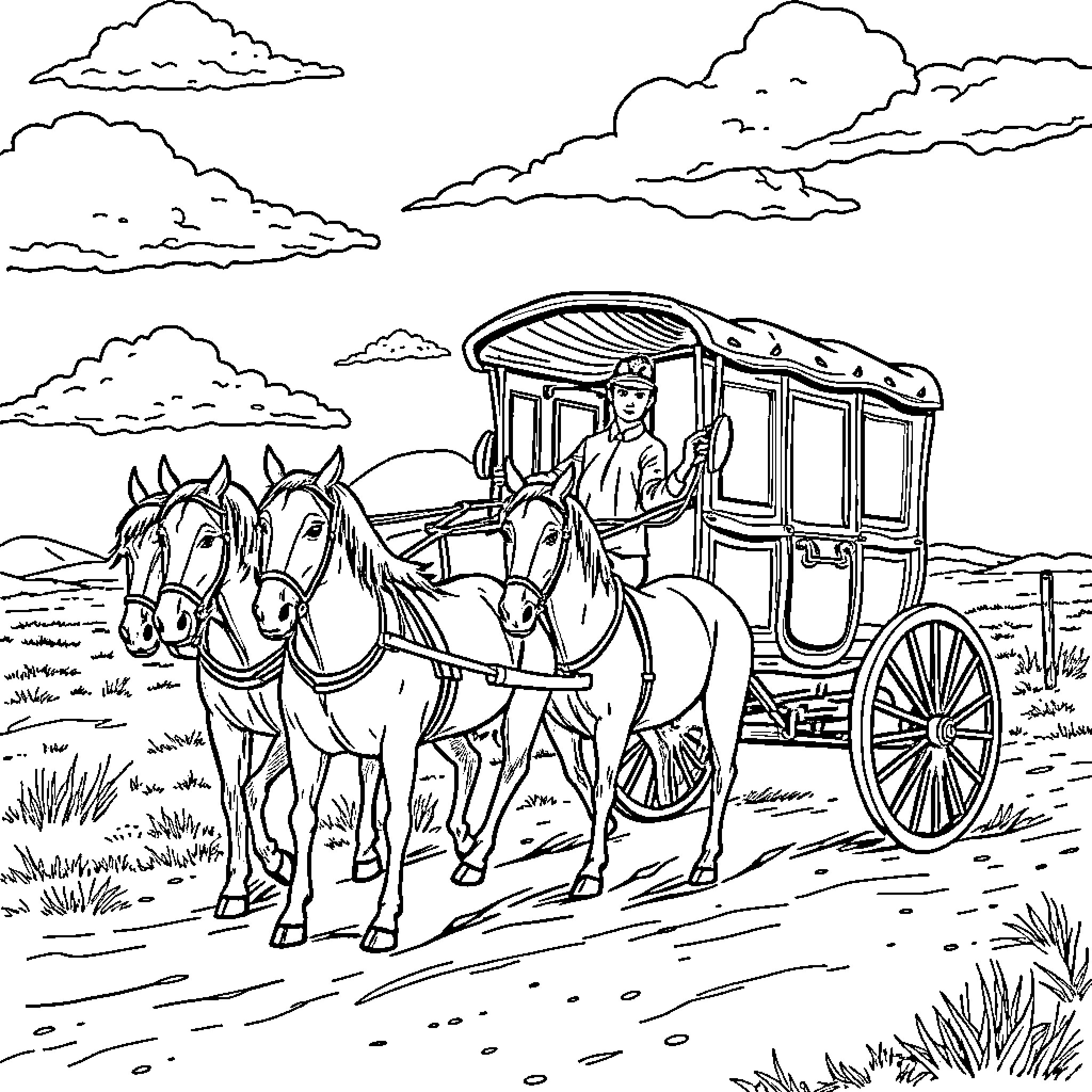 Stage Coach Drawn by Horses in the Countryside Coloring Page (free black-and-white line drawing printable PDF for all, from beginners to advanced learners, including children, teens, adults, and seniors)