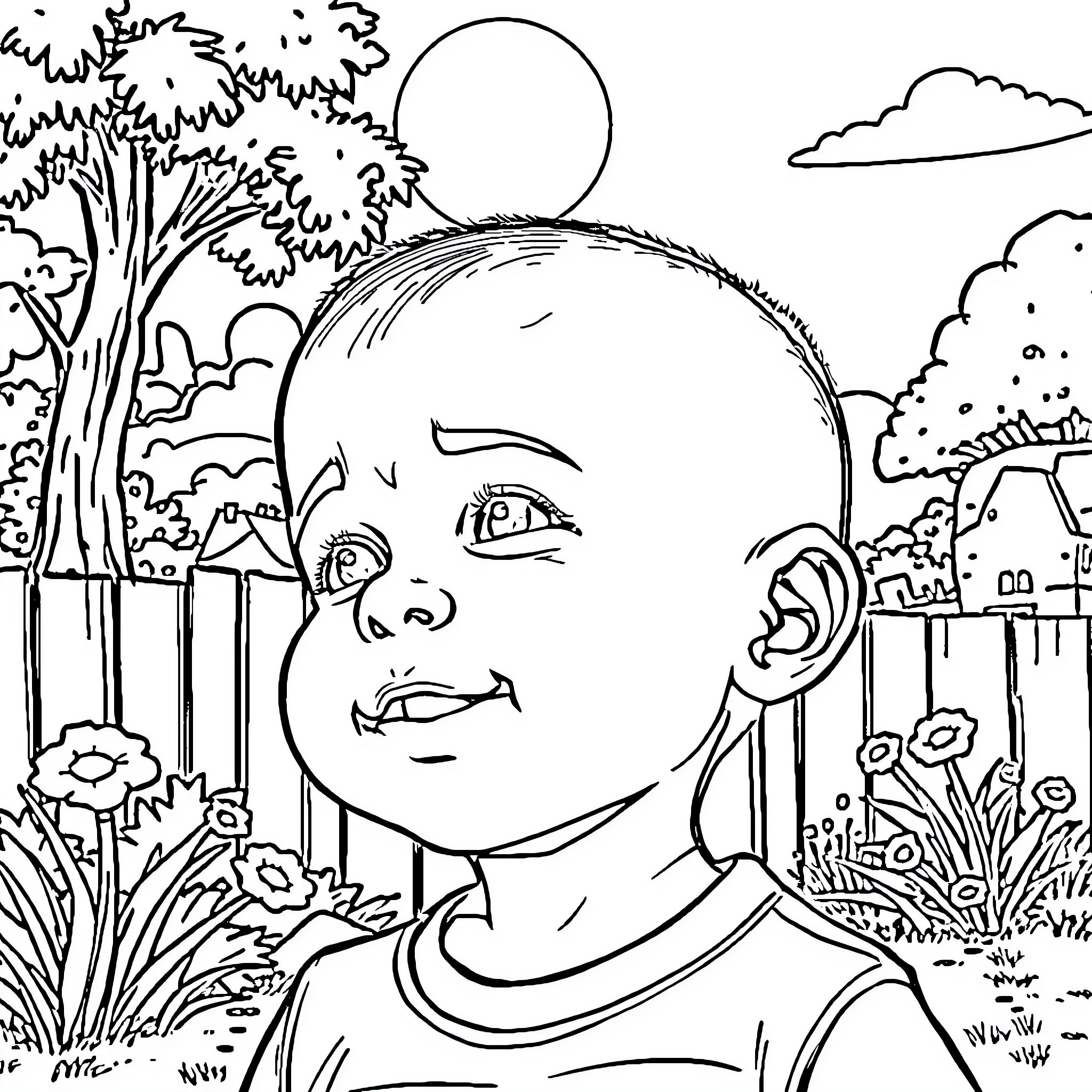 Kid exploring the nature scenery Coloring Page (free black-and-white line drawing printable PDF for all, from beginners to advanced learners, including children, teens, adults, and seniors)