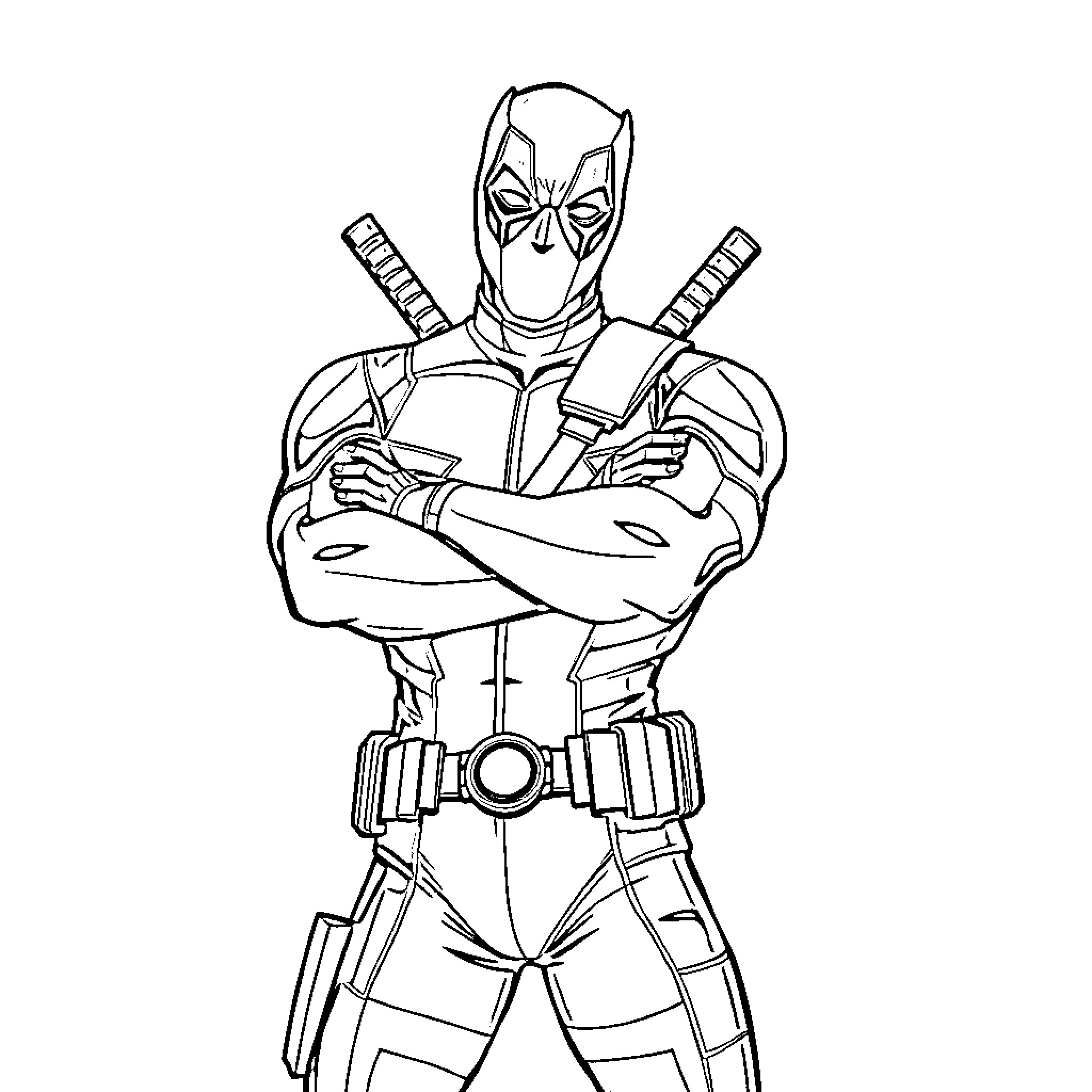 Deadpool striking a confident pose with crossed arms Coloring Page (free black-and-white line drawing printable PDF for all, from beginners to advanced learners, including children, teens, adults, and seniors)