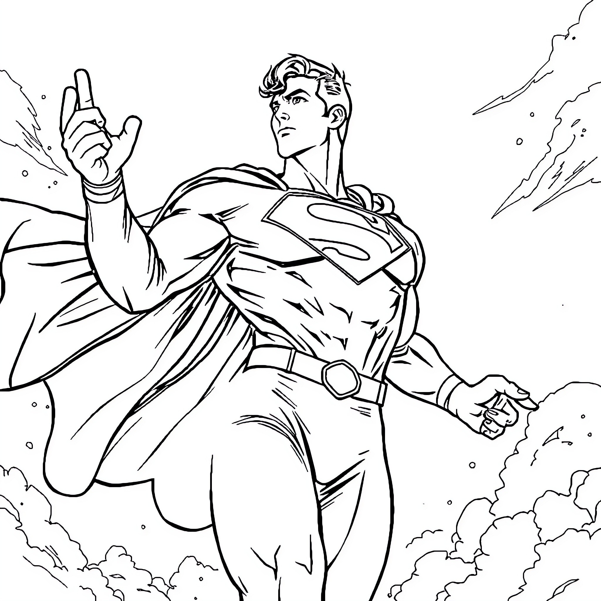 Superman heroically poses in the sky Coloring Page (free black-and-white line drawing printable PDF for all, from beginners to advanced learners, including children, teens, adults, and seniors)