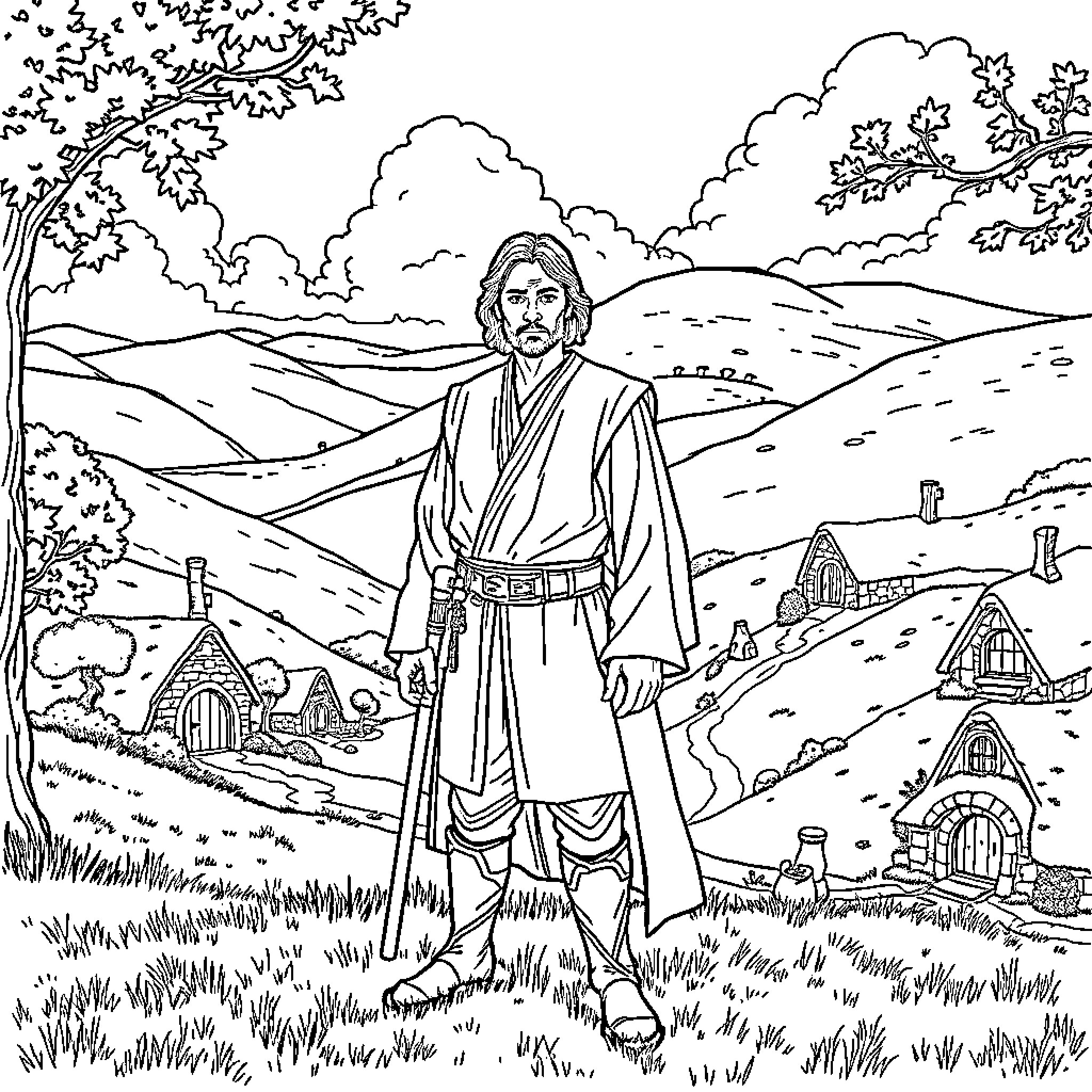 Skywalker's Journey Through the Enchanting Landscape Coloring Page (free black-and-white line drawing printable PDF for all, from beginners to advanced learners, including children, teens, adults, and seniors)