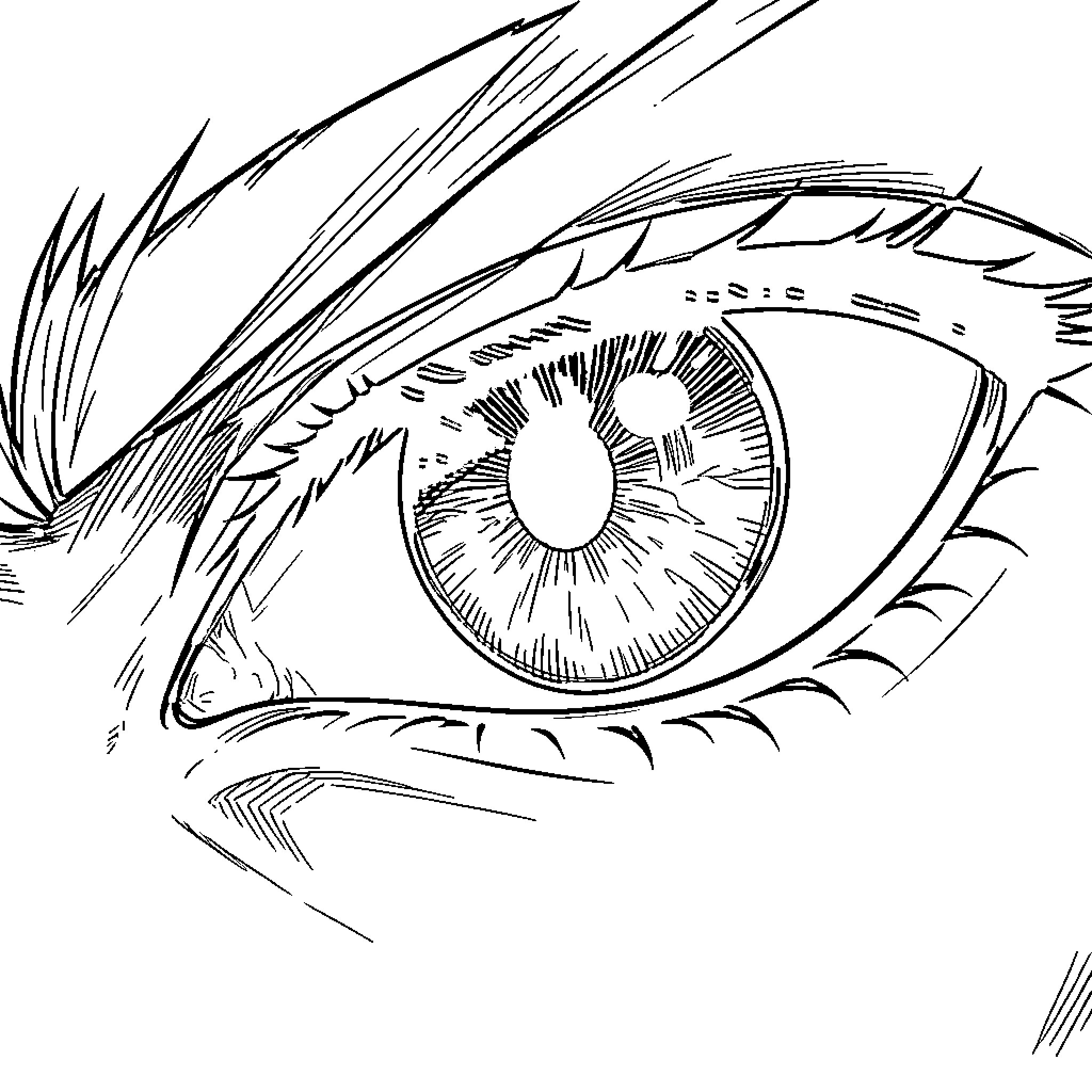 Gojo Eye looking intensely with detailed iris Coloring Page (free black-and-white line drawing printable PDF for all, from beginners to advanced learners, including children, teens, adults, and seniors)