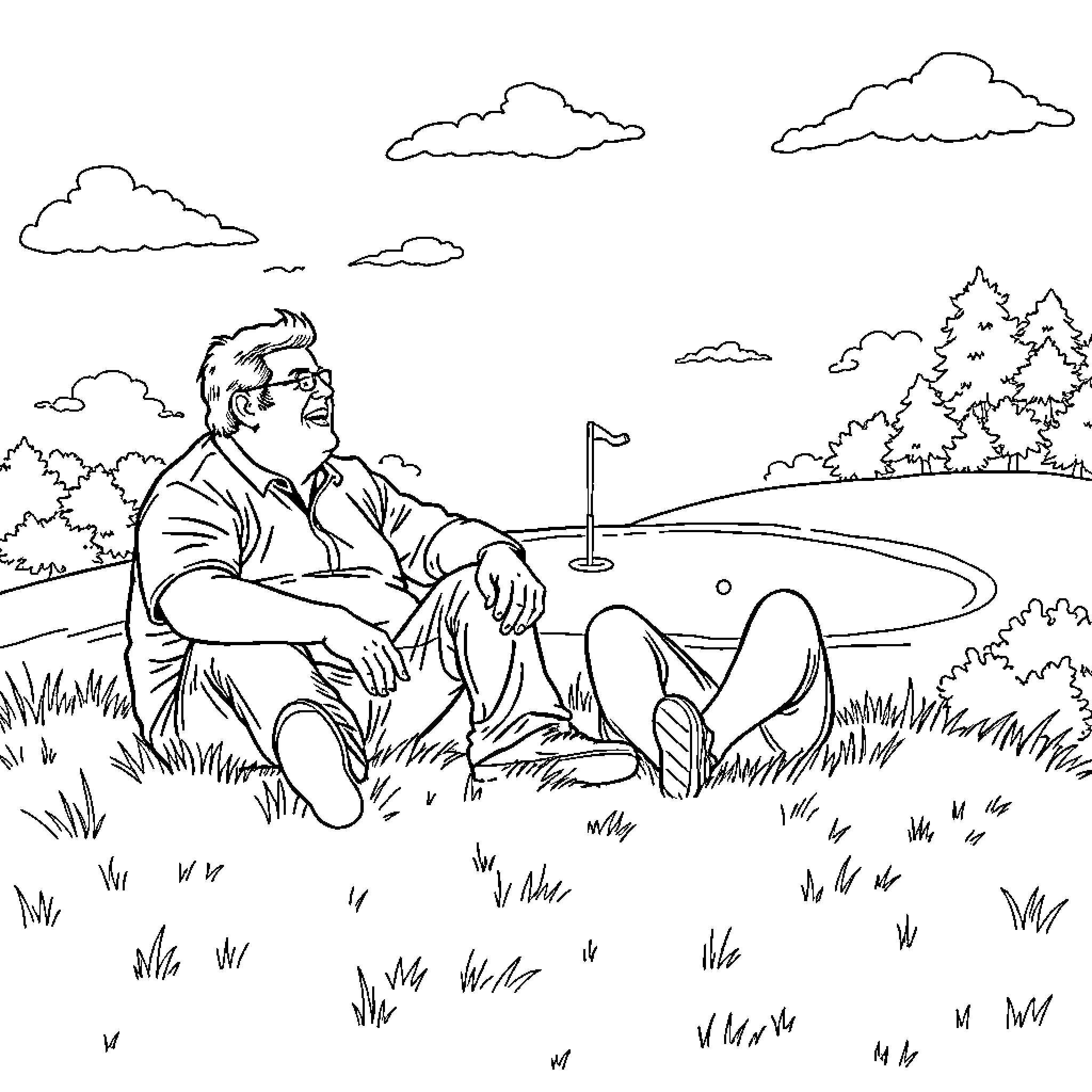 Chris Farley relaxing on the golf course Coloring Page (free black-and-white line drawing printable PDF for all, from beginners to advanced learners, including children, teens, adults, and seniors)