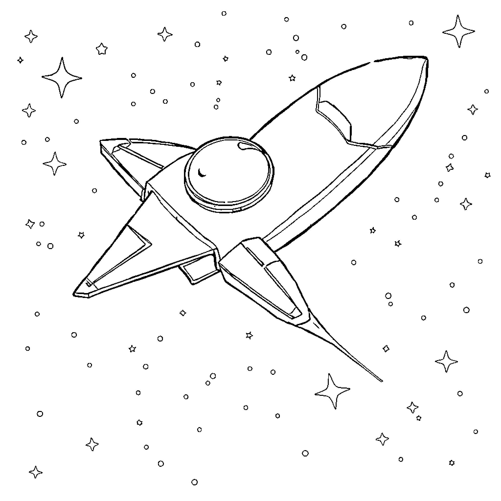 Spaceship flying through starry night sky Coloring Page (free black-and-white line drawing printable PDF for all, from beginners to advanced learners, including children, teens, adults, and seniors)