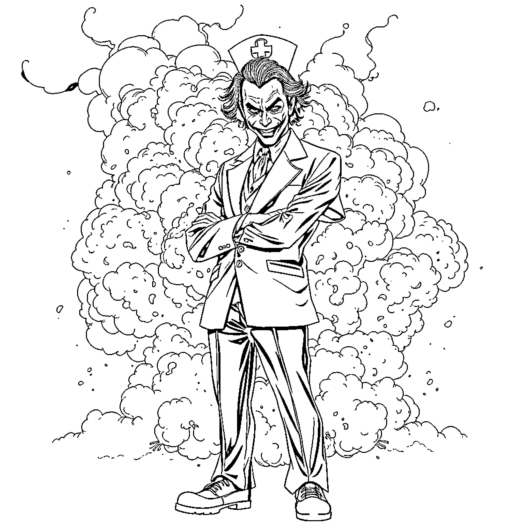 Joker's maniacal grin amid billowing smoke Coloring Page (free black-and-white line drawing printable PDF for all, from beginners to advanced learners, including children, teens, adults, and seniors)