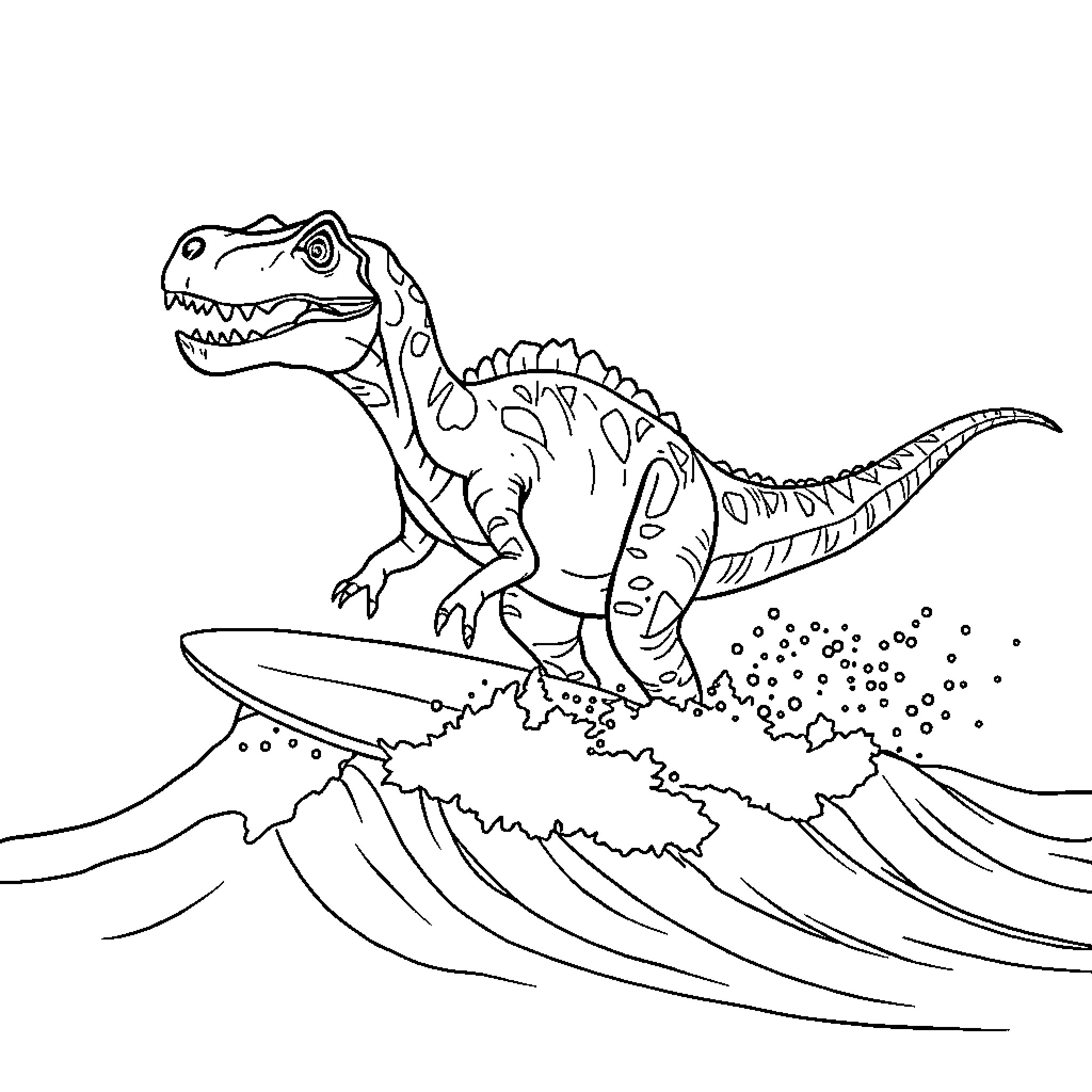 Dinosaur surfing on the waves Coloring Page (free black-and-white line drawing printable PDF for all, from beginners to advanced learners, including children, teens, adults, and seniors)