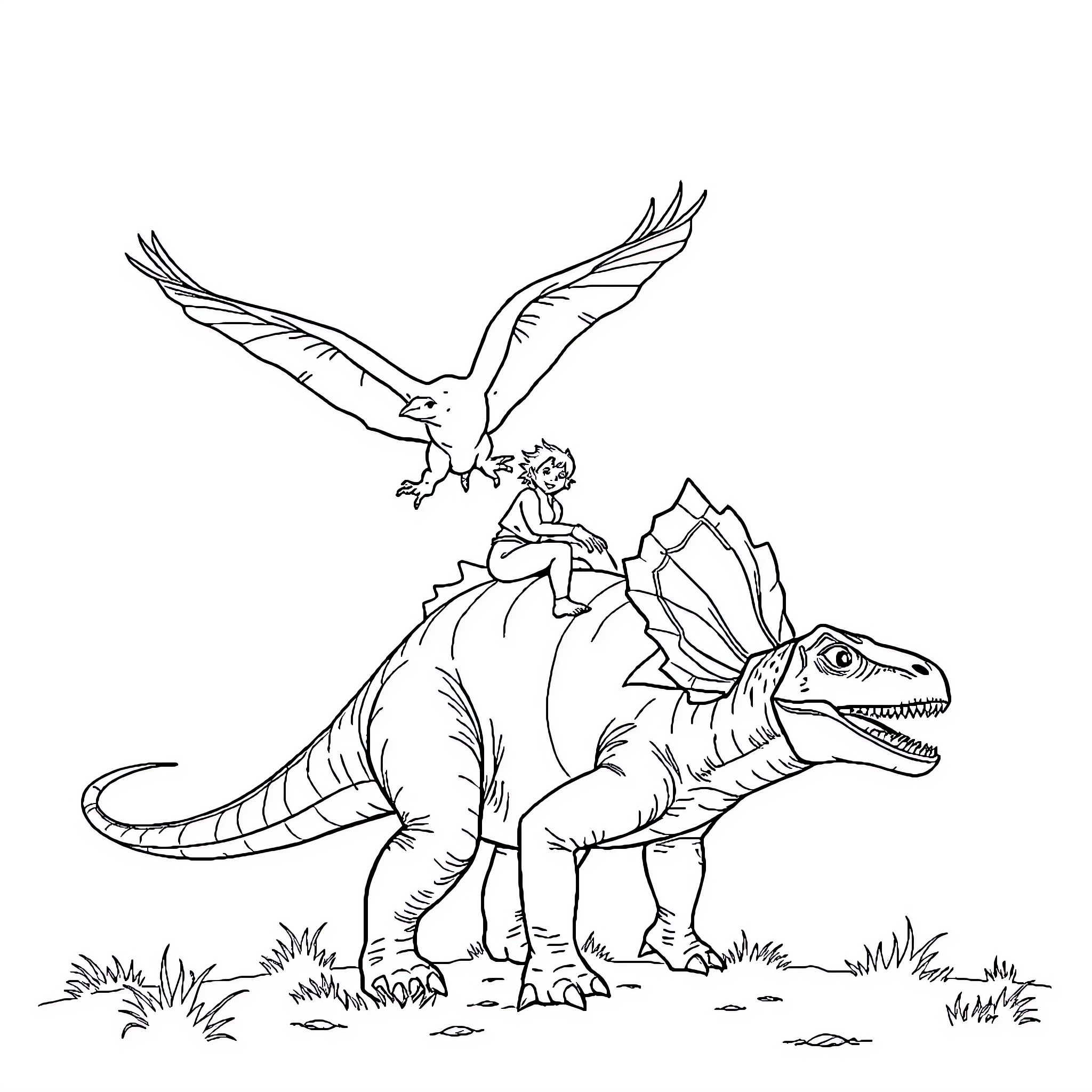 Pterodactyl soaring over a dinosaur in the wild Coloring Page (free black-and-white line drawing printable PDF for all, from beginners to advanced learners, including children, teens, adults, and seniors)