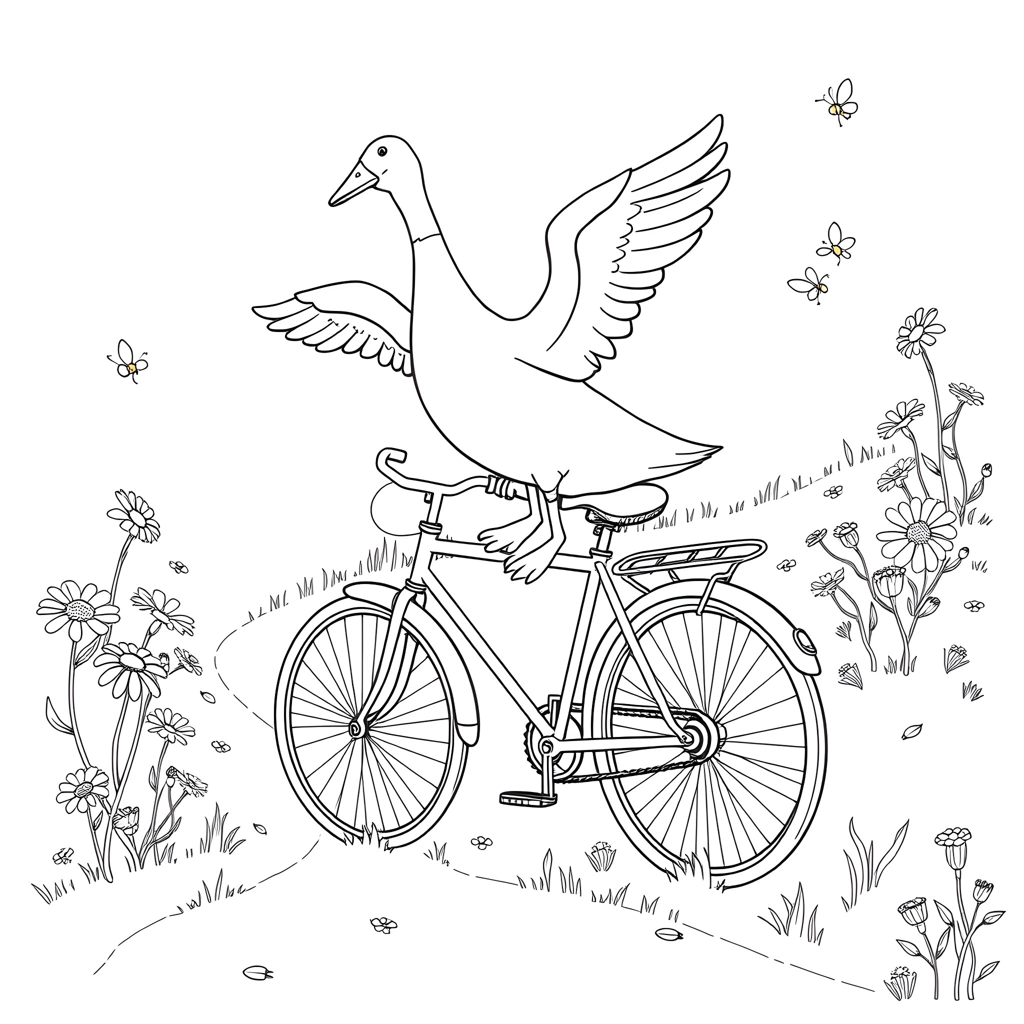 Goose riding a bicycle in a floral garden Coloring Page (free black-and-white line drawing printable PDF for all, from beginners to advanced learners, including children, teens, adults, and seniors)