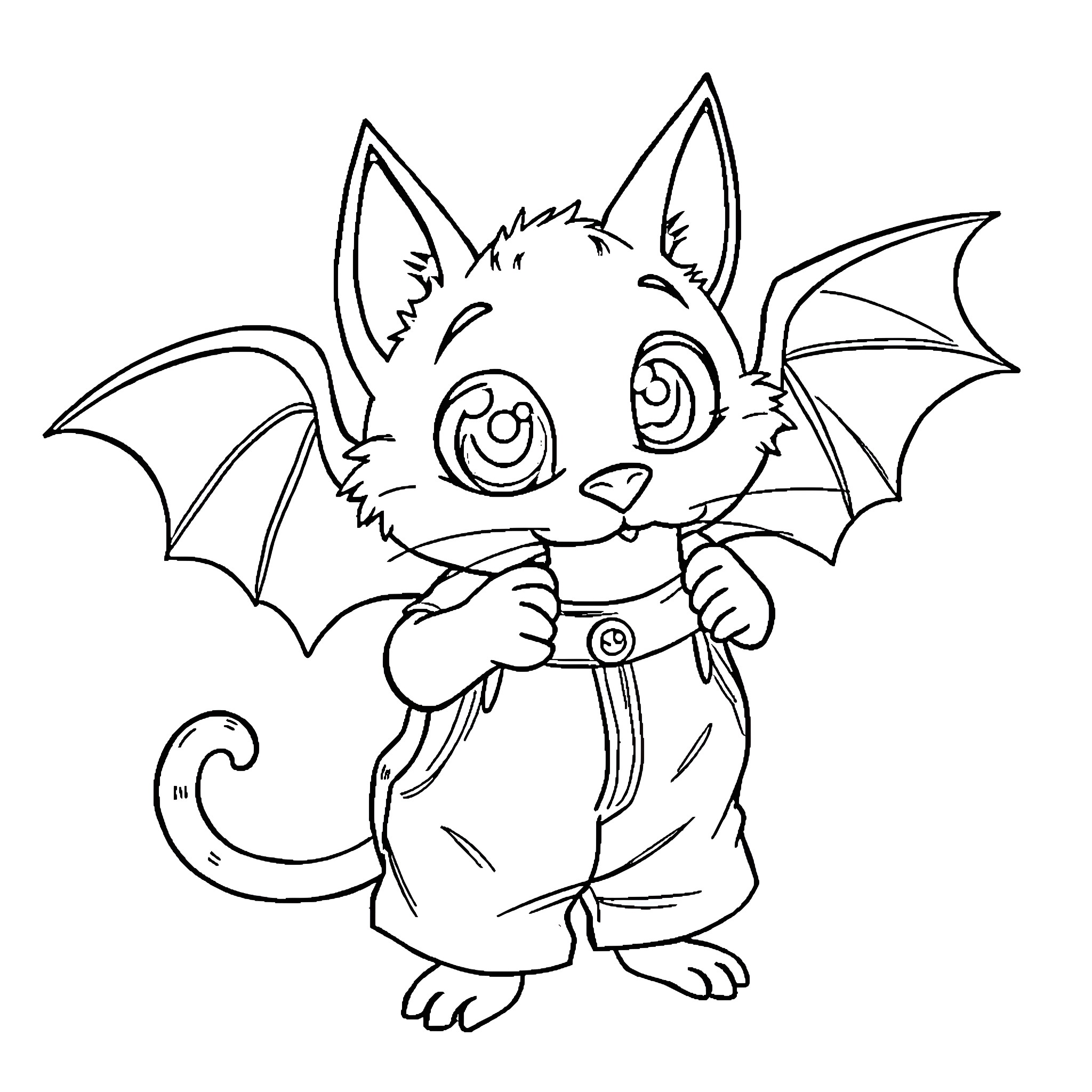 Bat creature in playful pose Coloring Page (free black-and-white line drawing printable PDF for all, from beginners to advanced learners, including children, teens, adults, and seniors)