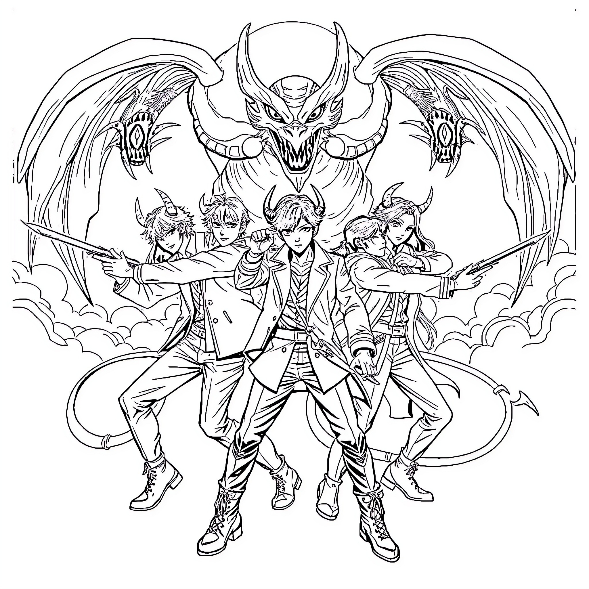 Demon Hunter Warriors in Battle Against a Fierce Demon Coloring Page (free black-and-white line drawing printable PDF for all, from beginners to advanced learners, including children, teens, adults, and seniors)