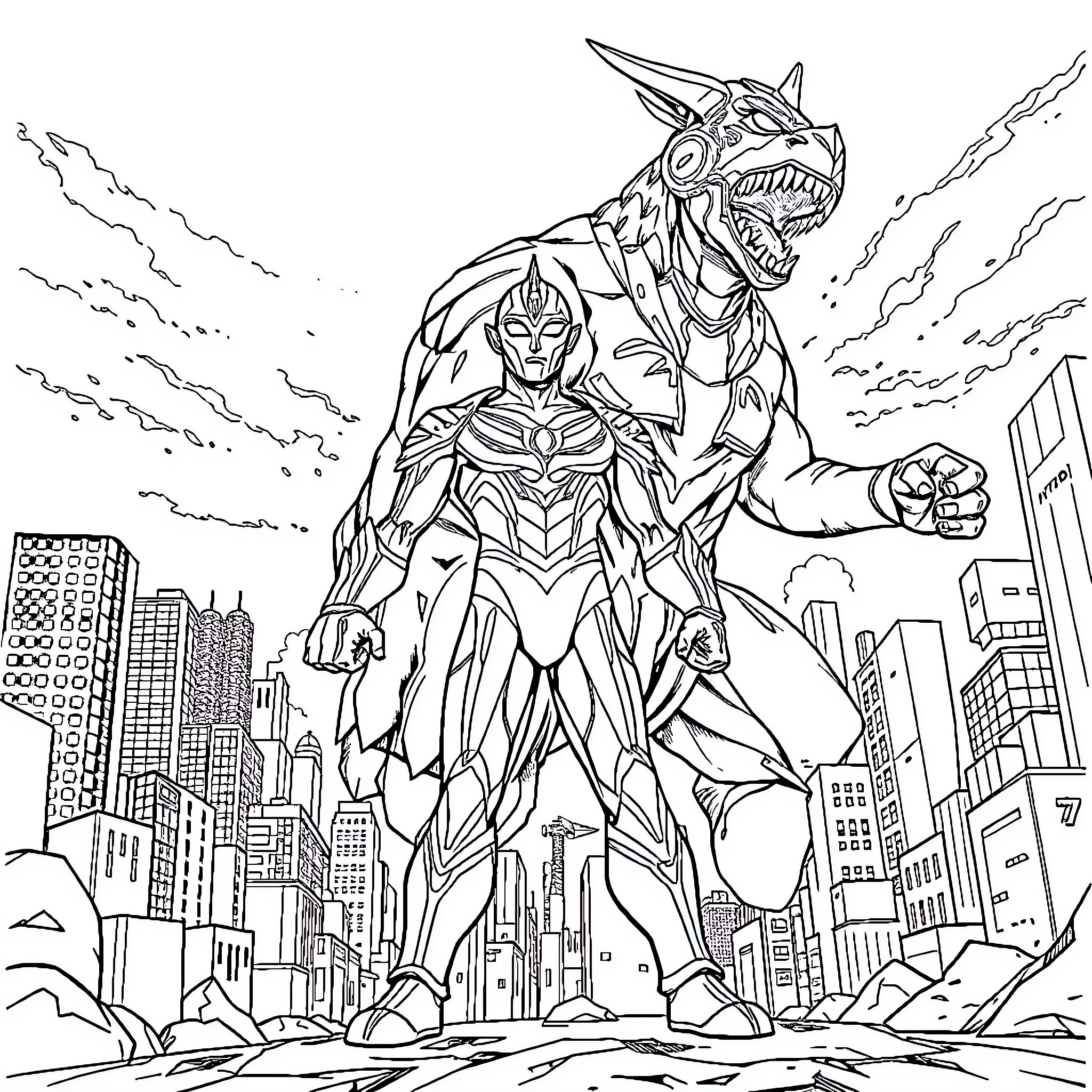 Ultraman heroically confronting a fearsome monster in the city Coloring Page (free black-and-white line drawing printable PDF for all, from beginners to advanced learners, including children, teens, adults, and seniors)