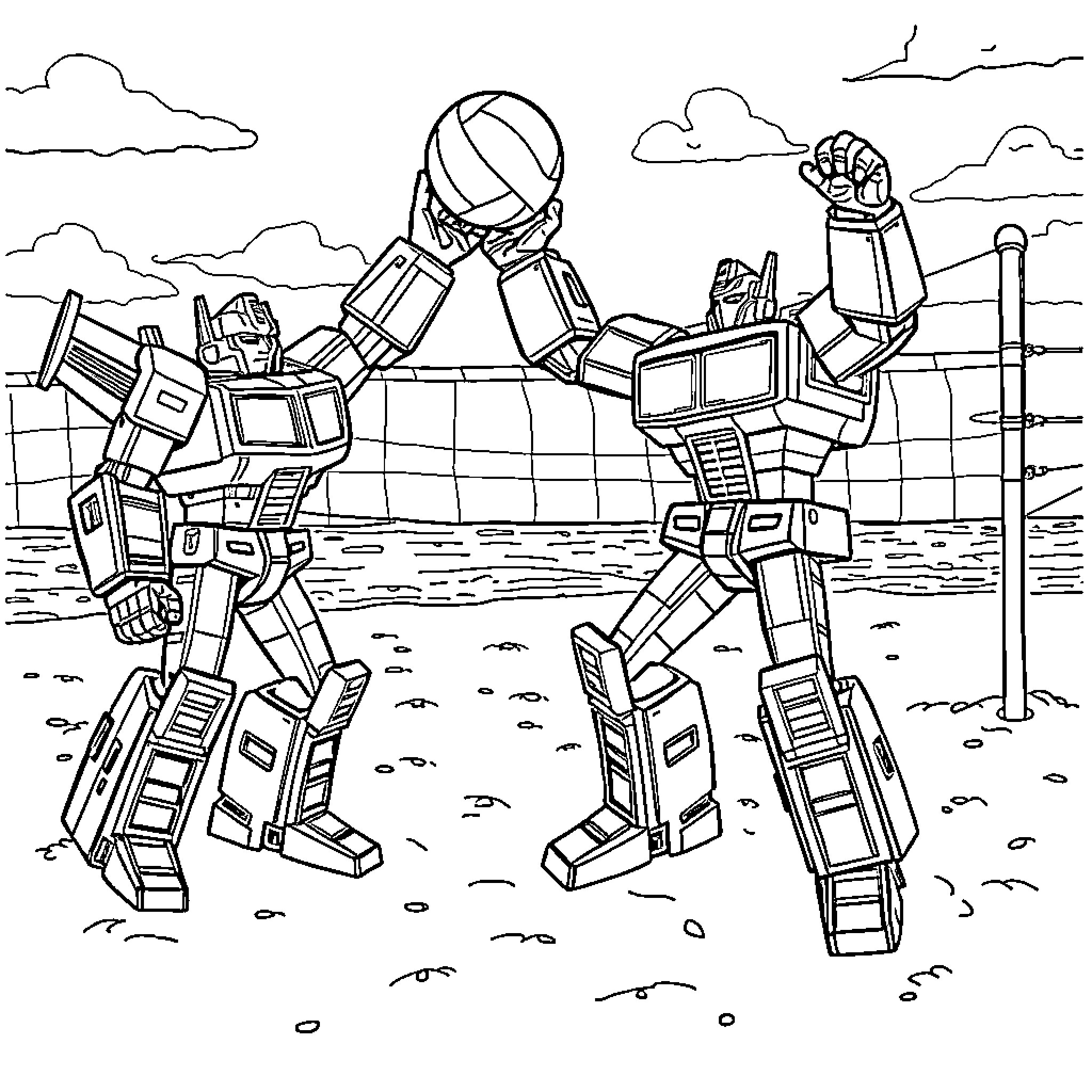 Transformer robots fighting in a barren landscape Coloring Page (free black-and-white line drawing printable PDF for all, from beginners to advanced learners, including children, teens, adults, and seniors)