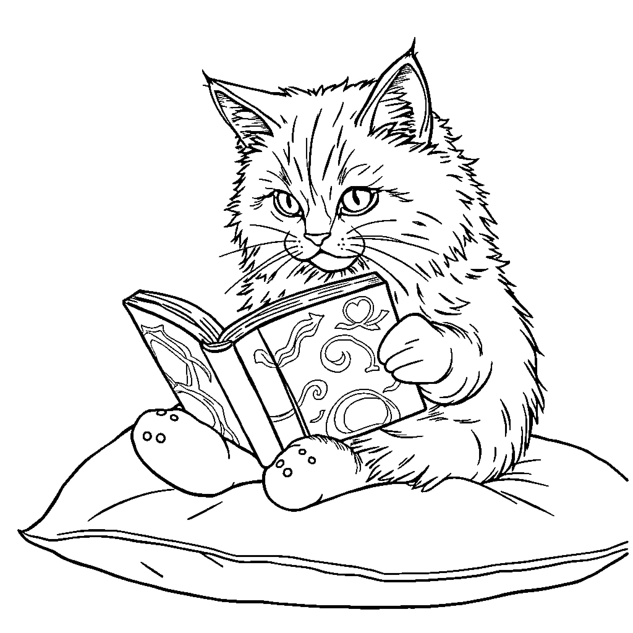 Cat reading a book on a pillow Coloring Page (free black-and-white line drawing printable PDF for all, from beginners to advanced learners, including children, teens, adults, and seniors)