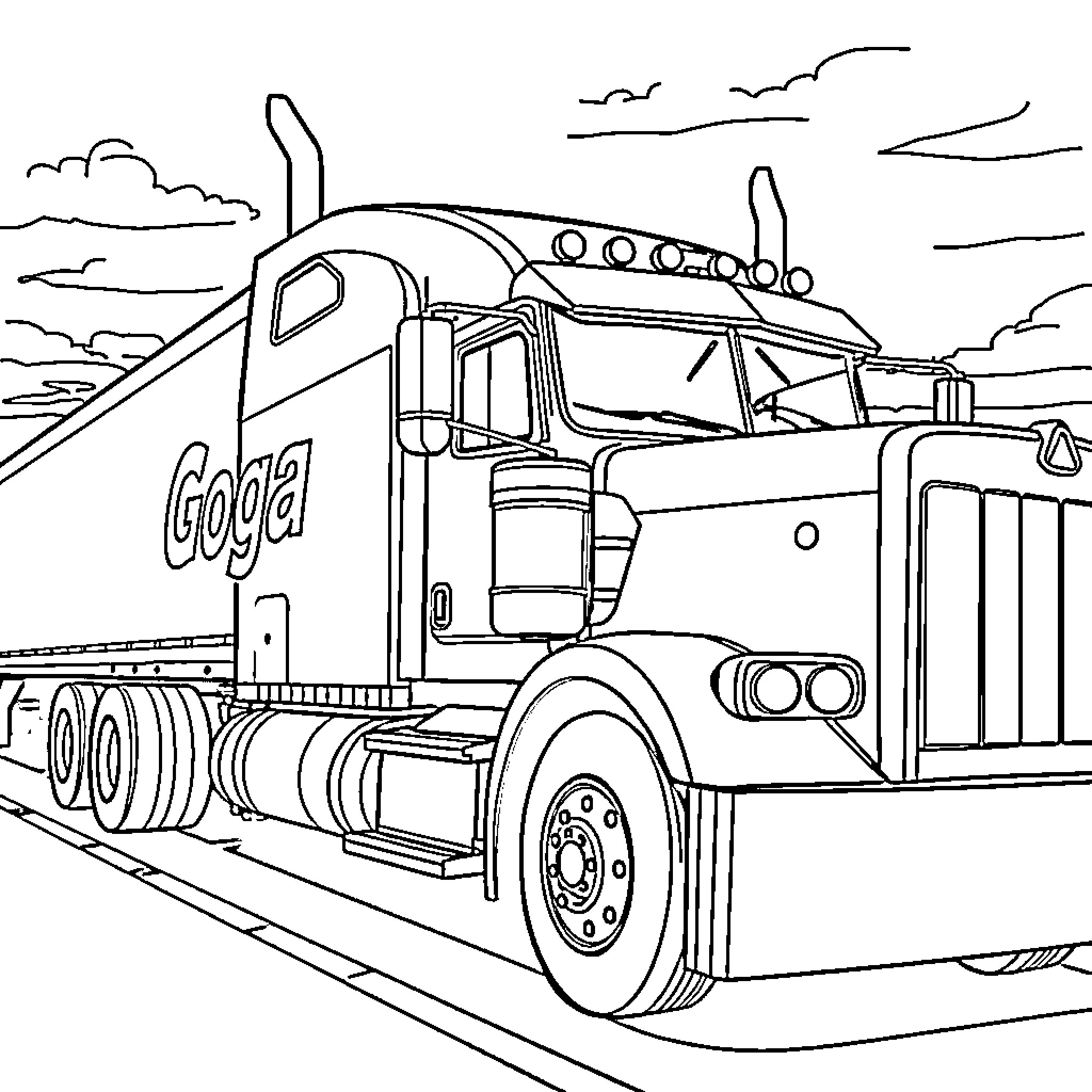 Semi Truck Transporting Goods on the Road Coloring Page (free black-and-white line drawing printable PDF for all, from beginners to advanced learners, including children, teens, adults, and seniors)