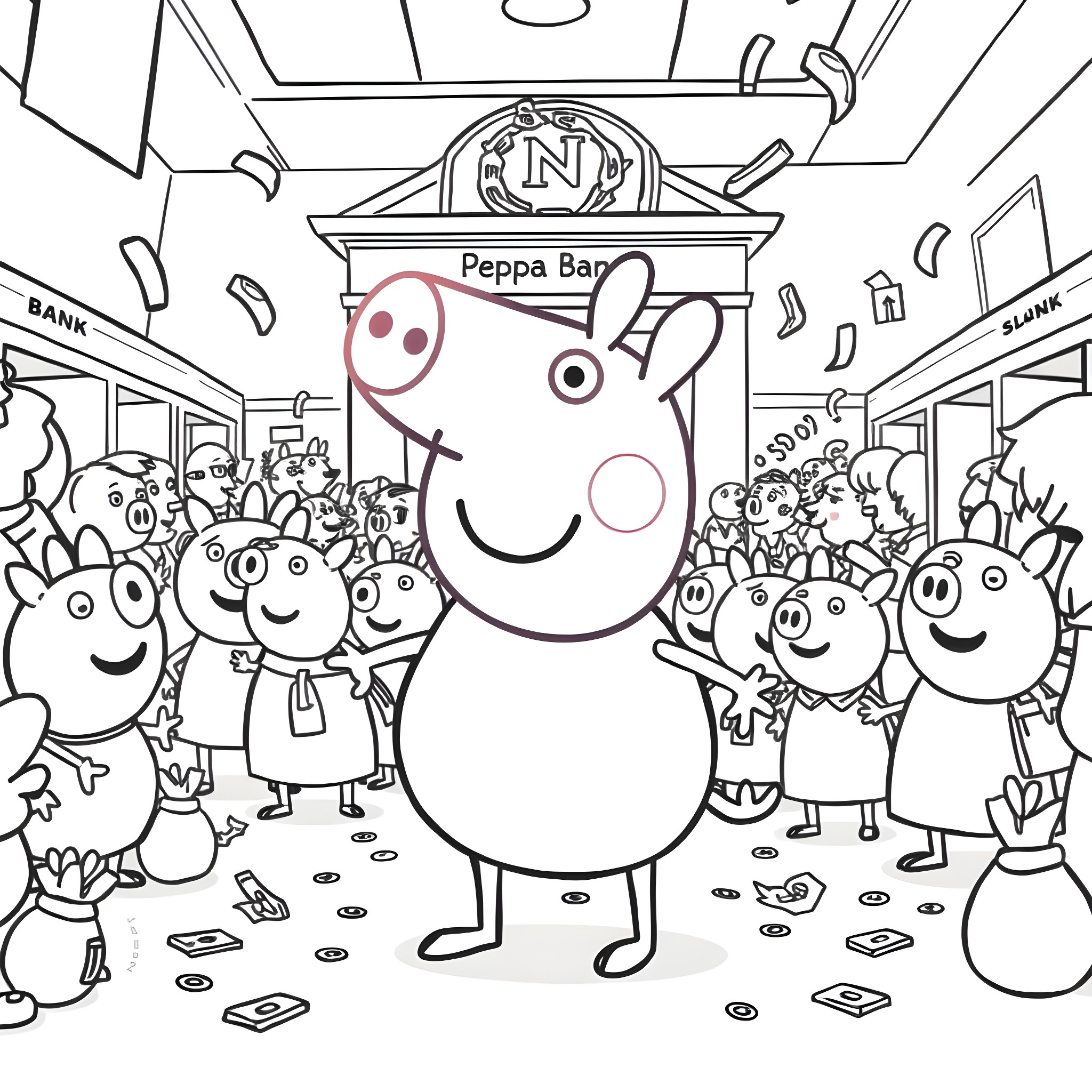 Peppa Pig and friends in a busy bank Coloring Page (free black-and-white line drawing printable PDF for all, from beginners to advanced learners, including children, teens, adults, and seniors)