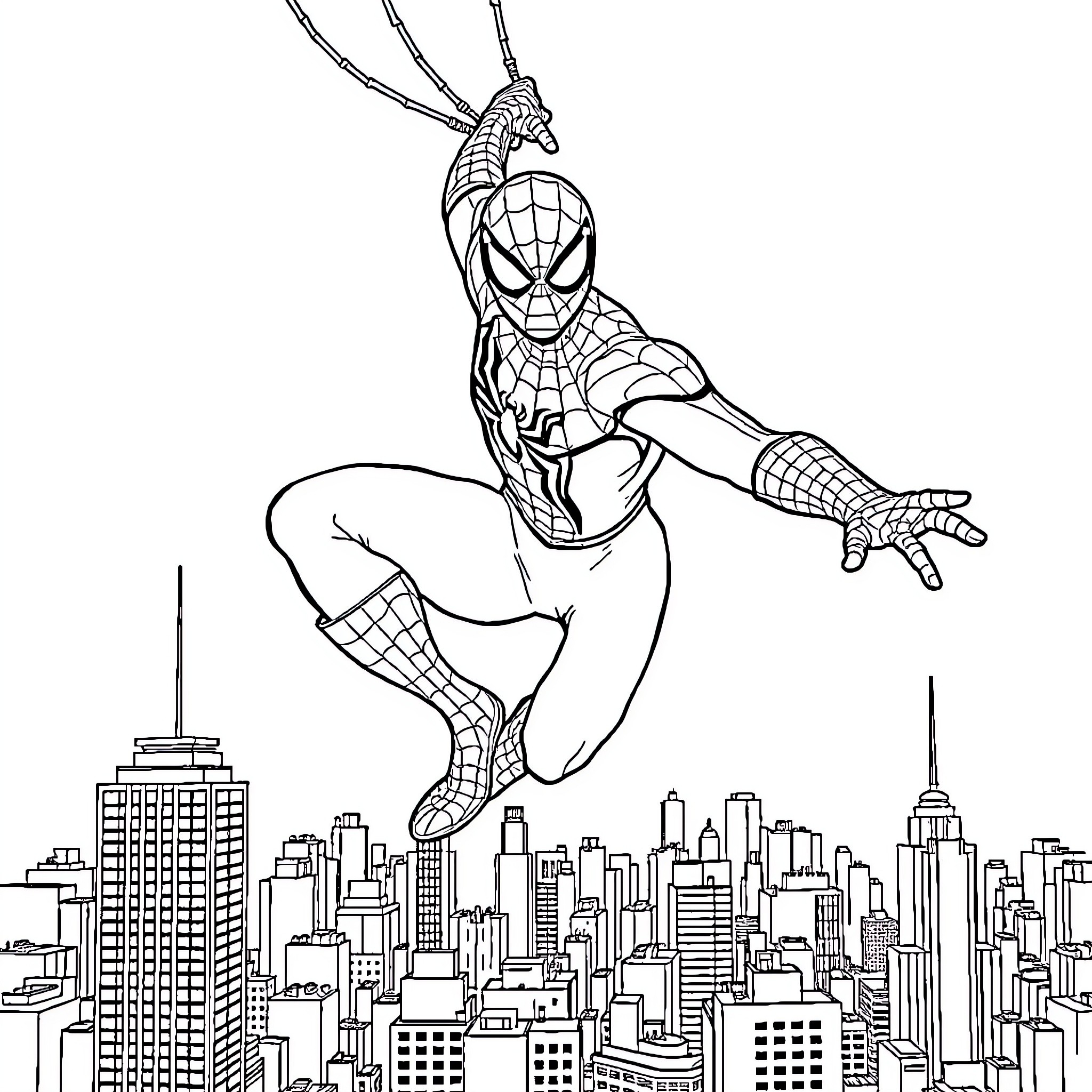 Spiderman swinging through the city skyline Coloring Page (free black-and-white line drawing printable PDF for all, from beginners to advanced learners, including children, teens, adults, and seniors)