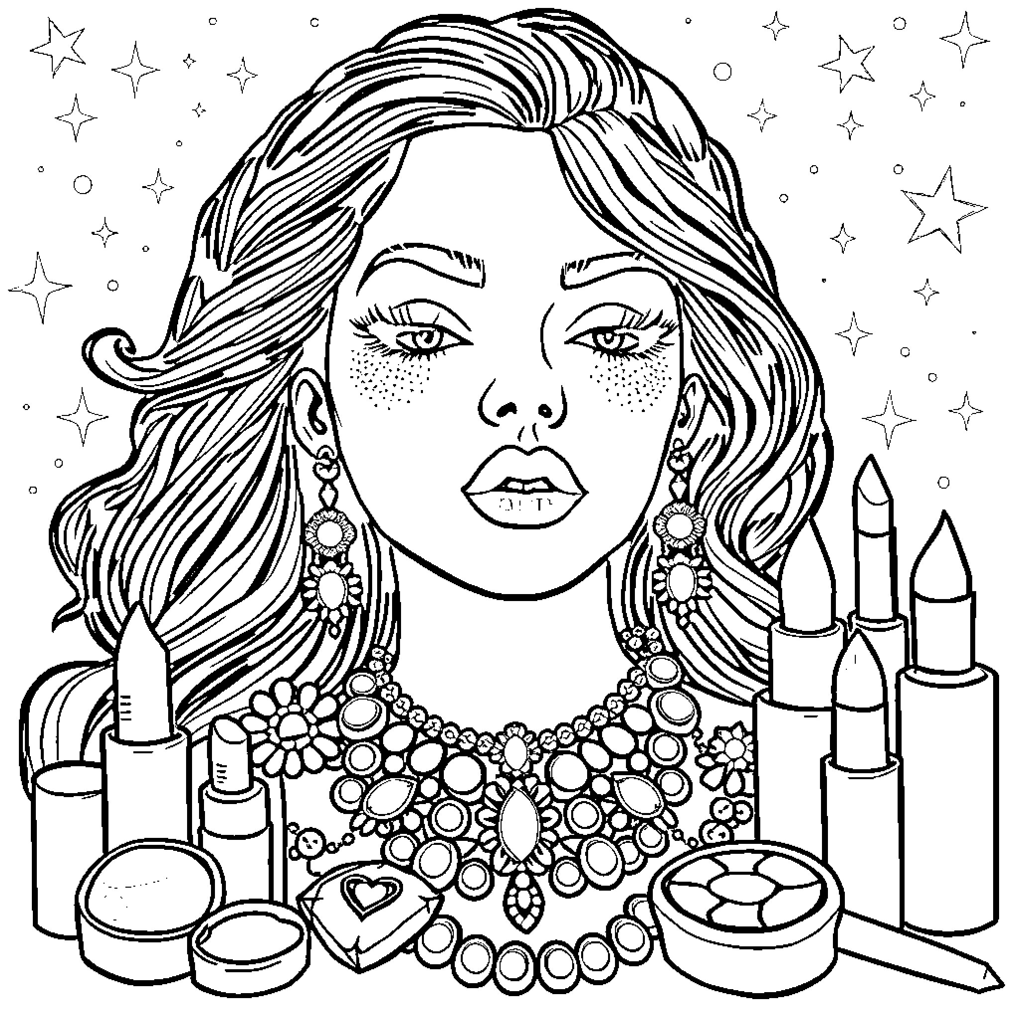 Jewelry and Beauty Products with Glamorous Woman Coloring Page (free black-and-white line drawing printable PDF for all, from beginners to advanced learners, including children, teens, adults, and seniors)