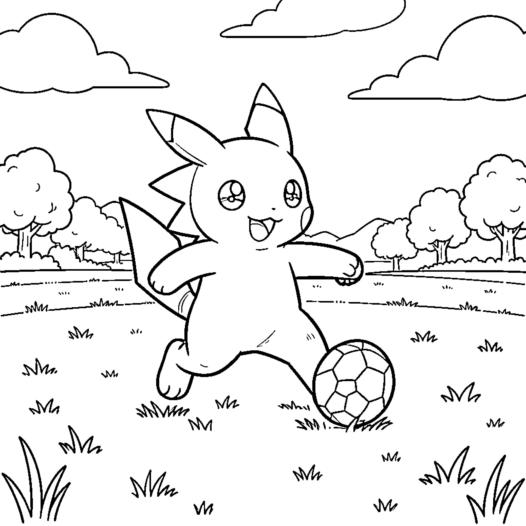 Pokémon playing soccer in a grassy field Coloring Page (free black-and-white line drawing printable PDF for all, from beginners to advanced learners, including children, teens, adults, and seniors)