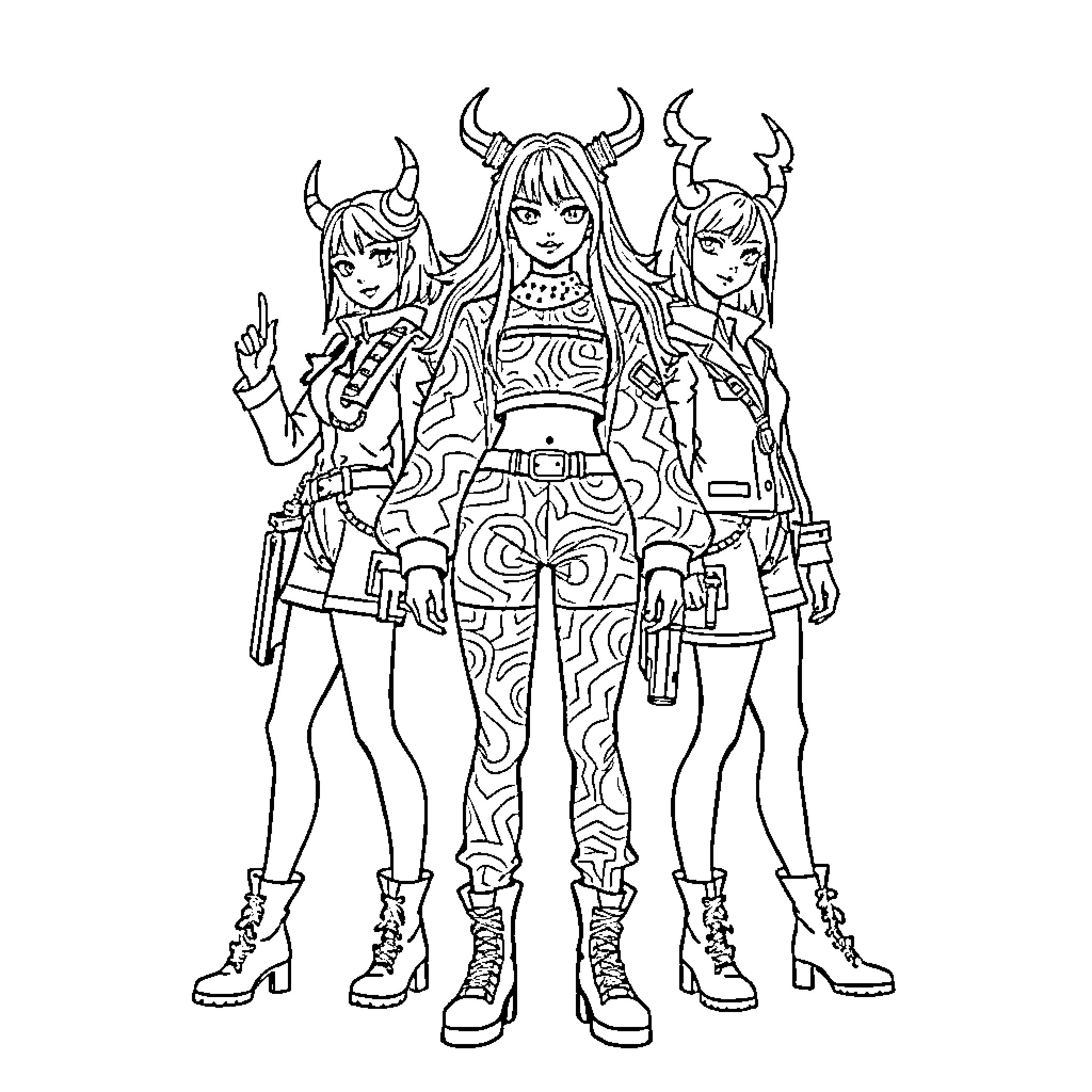 Rumi and Demon-Like Friends in Stylish Outfits Coloring Page (free black-and-white line drawing printable PDF for all, from beginners to advanced learners, including children, teens, adults, and seniors)