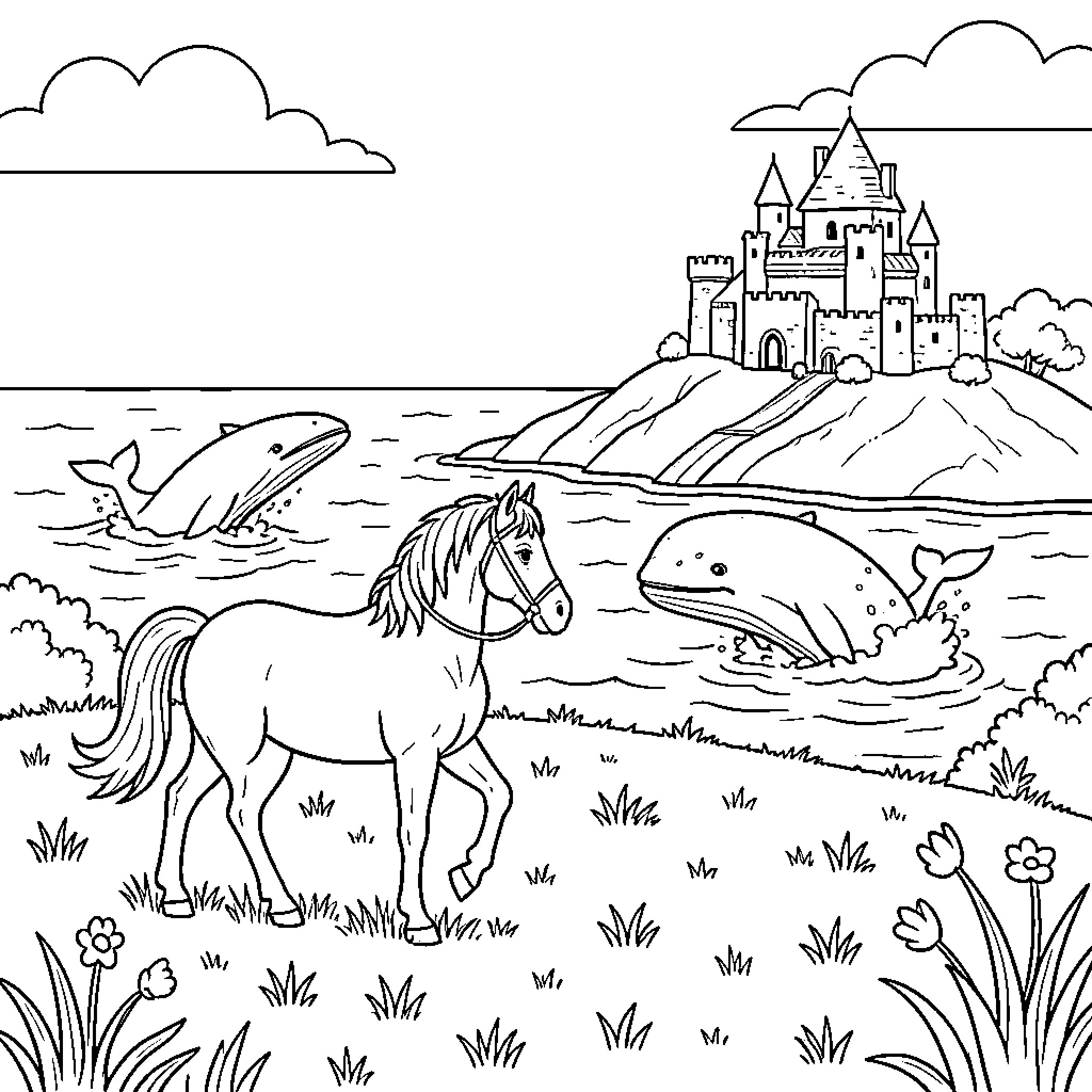 Horse and whale in a magical landscape Coloring Page (free black-and-white line drawing printable PDF for all, from beginners to advanced learners, including children, teens, adults, and seniors)