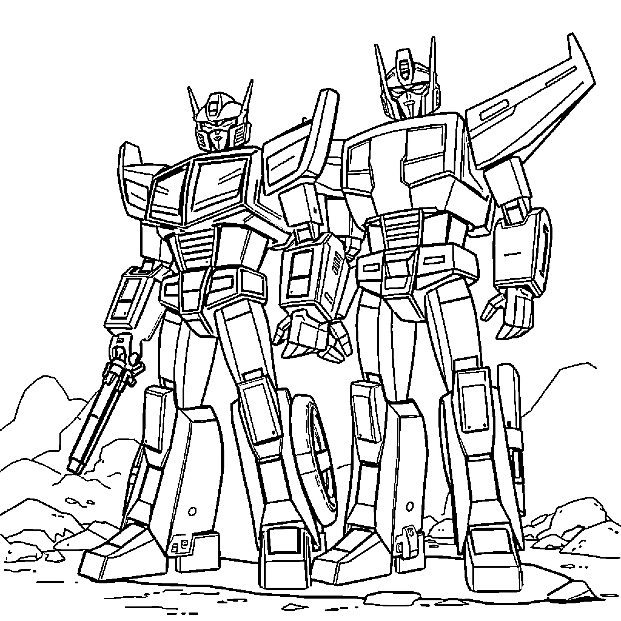 Wheeljack and Transformers in an epic battle scene Coloring Page (free black-and-white line drawing printable PDF for all, from beginners to advanced learners, including children, teens, adults, and seniors)