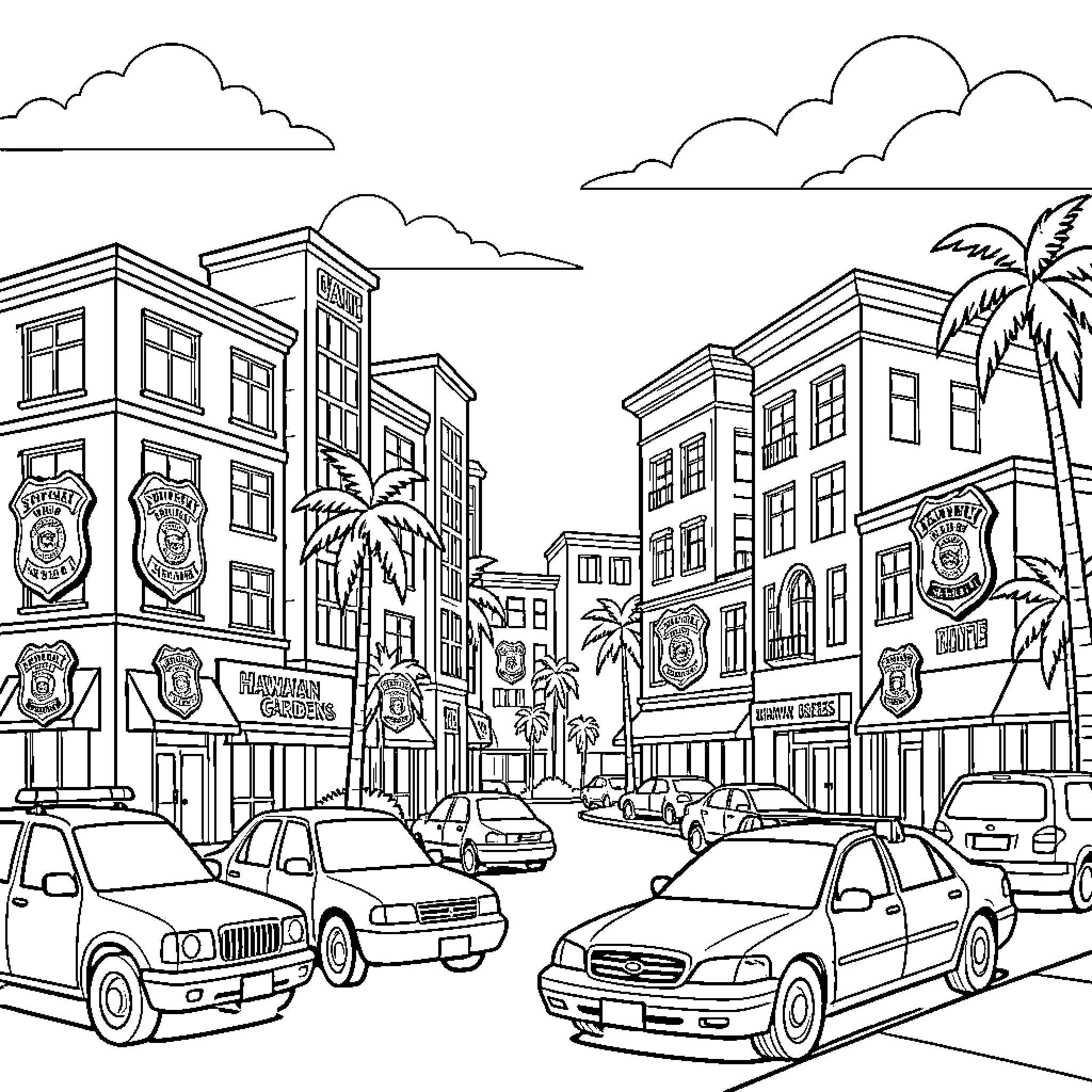 Sheriff Badge decorating buildings in a busy city street Coloring Page (free black-and-white line drawing printable PDF for all, from beginners to advanced learners, including children, teens, adults, and seniors)