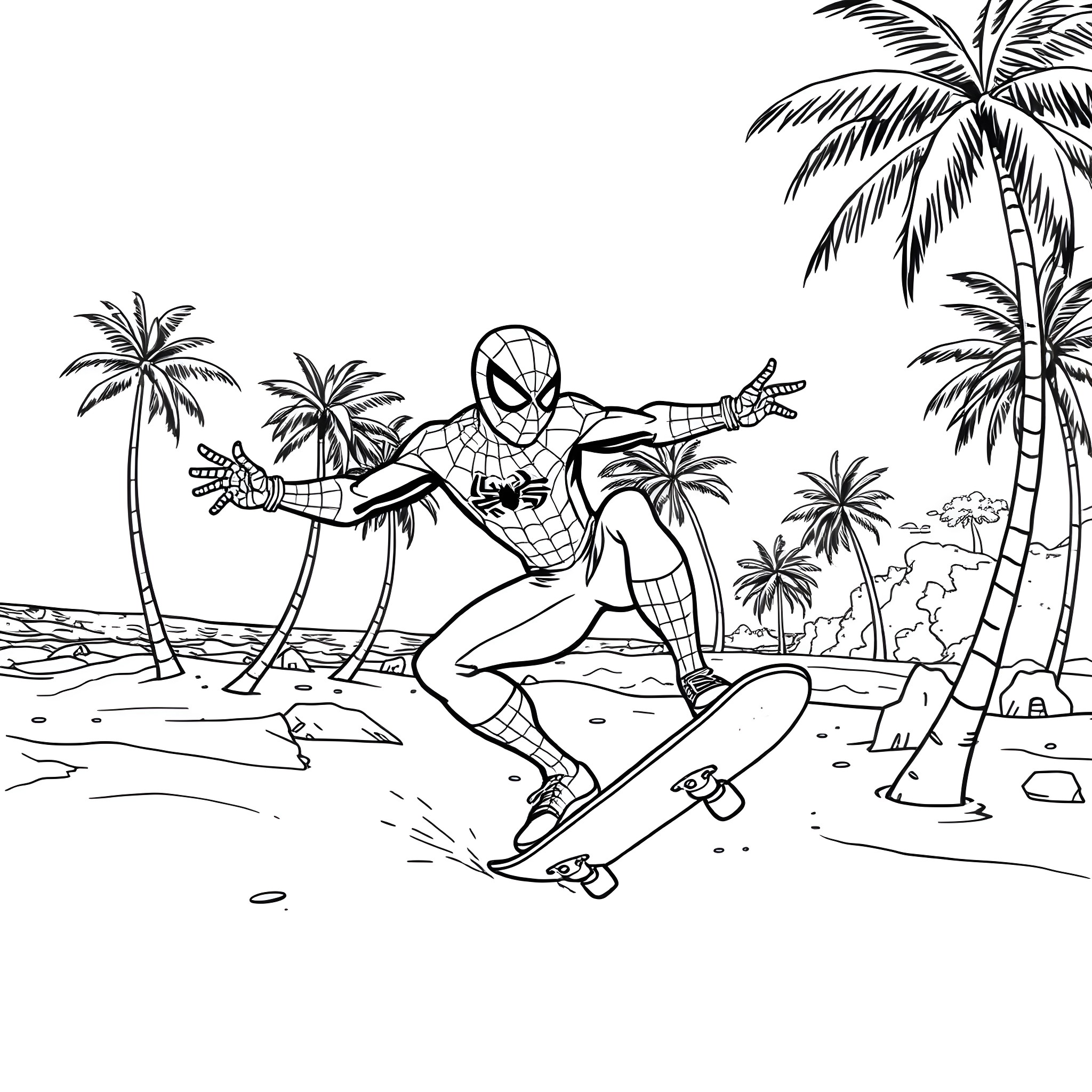 Spiderman surfing on the beach with palm trees Coloring Page (free black-and-white line drawing printable PDF for all, from beginners to advanced learners, including children, teens, adults, and seniors)