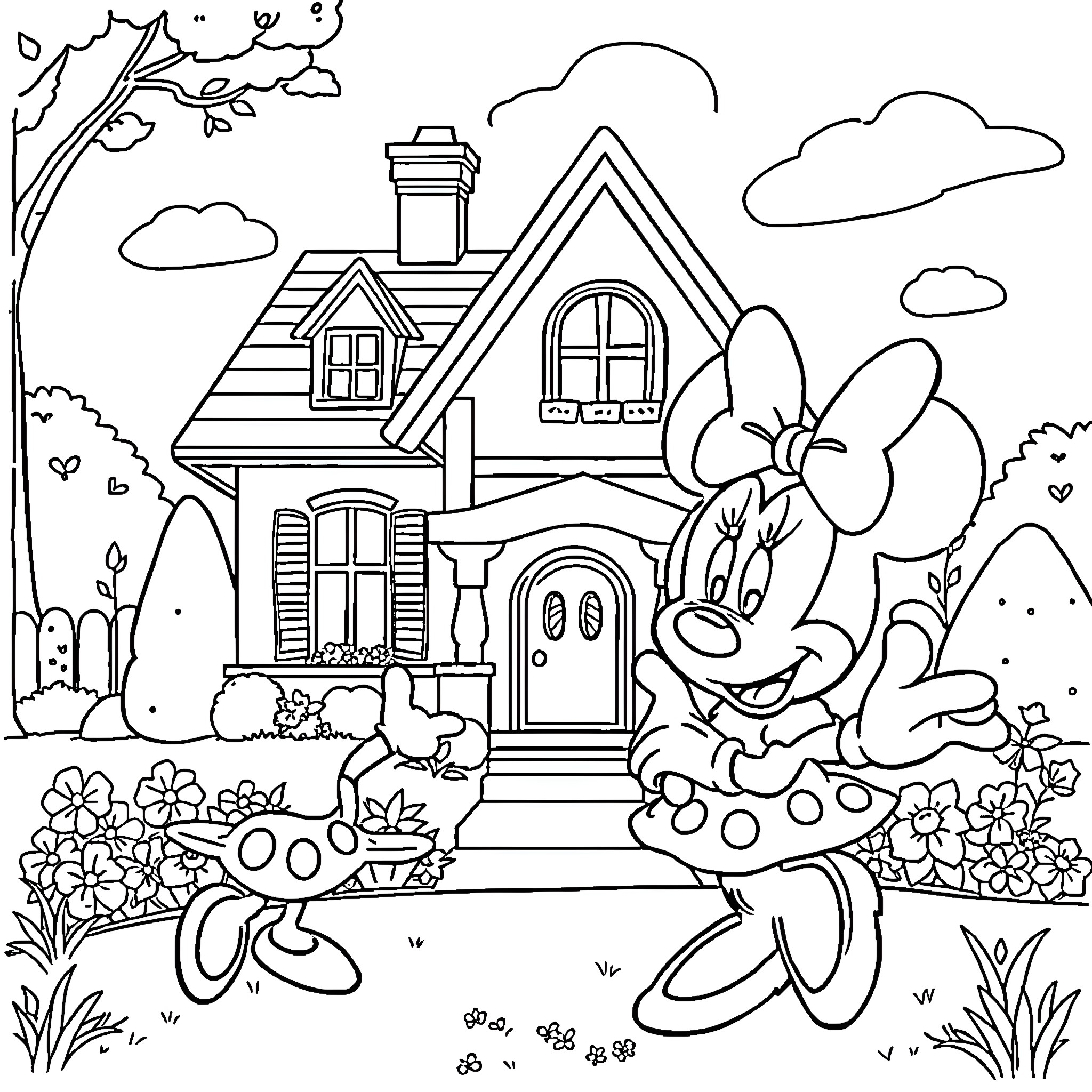 Minnie Mouse enjoying a charming cottage scene Coloring Page (free black-and-white line drawing printable PDF for all, from beginners to advanced learners, including children, teens, adults, and seniors)