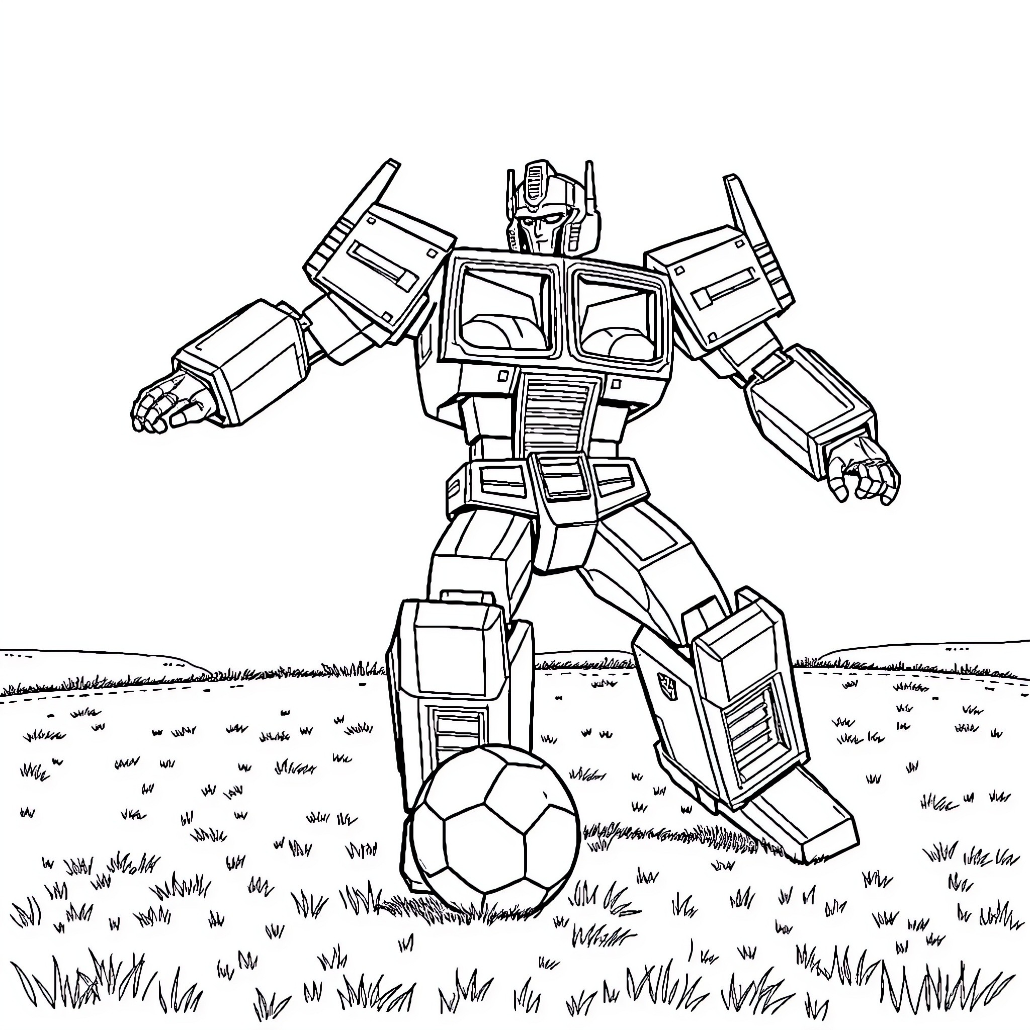 Optimus Prime Plays with a Soccer Ball in the Meadow Coloring Page (free black-and-white line drawing printable PDF for all, from beginners to advanced learners, including children, teens, adults, and seniors)