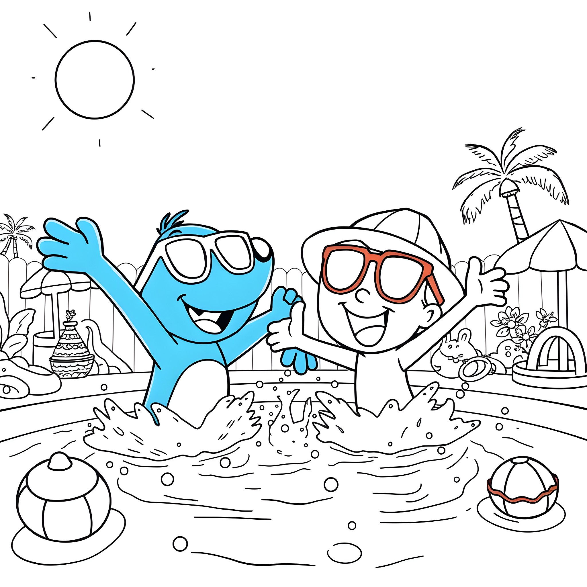 Bluey and Bingo playing happily in the sun Coloring Page (free black-and-white line drawing printable PDF for all, from beginners to advanced learners, including children, teens, adults, and seniors)