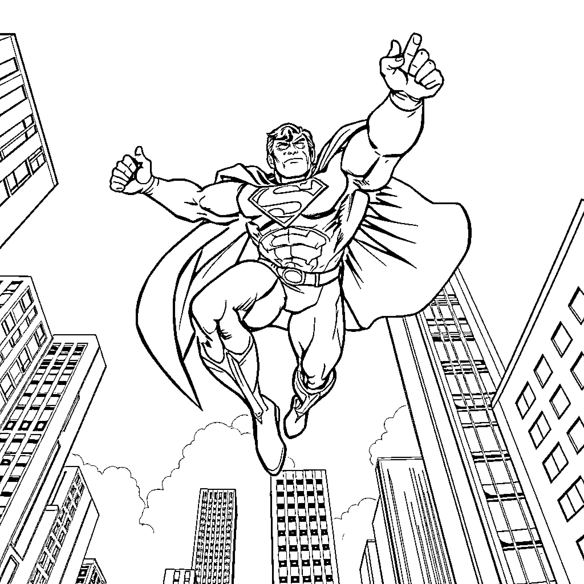 Superman flying heroically over the city Coloring Page (free black-and-white line drawing printable PDF for all, from beginners to advanced learners, including children, teens, adults, and seniors)