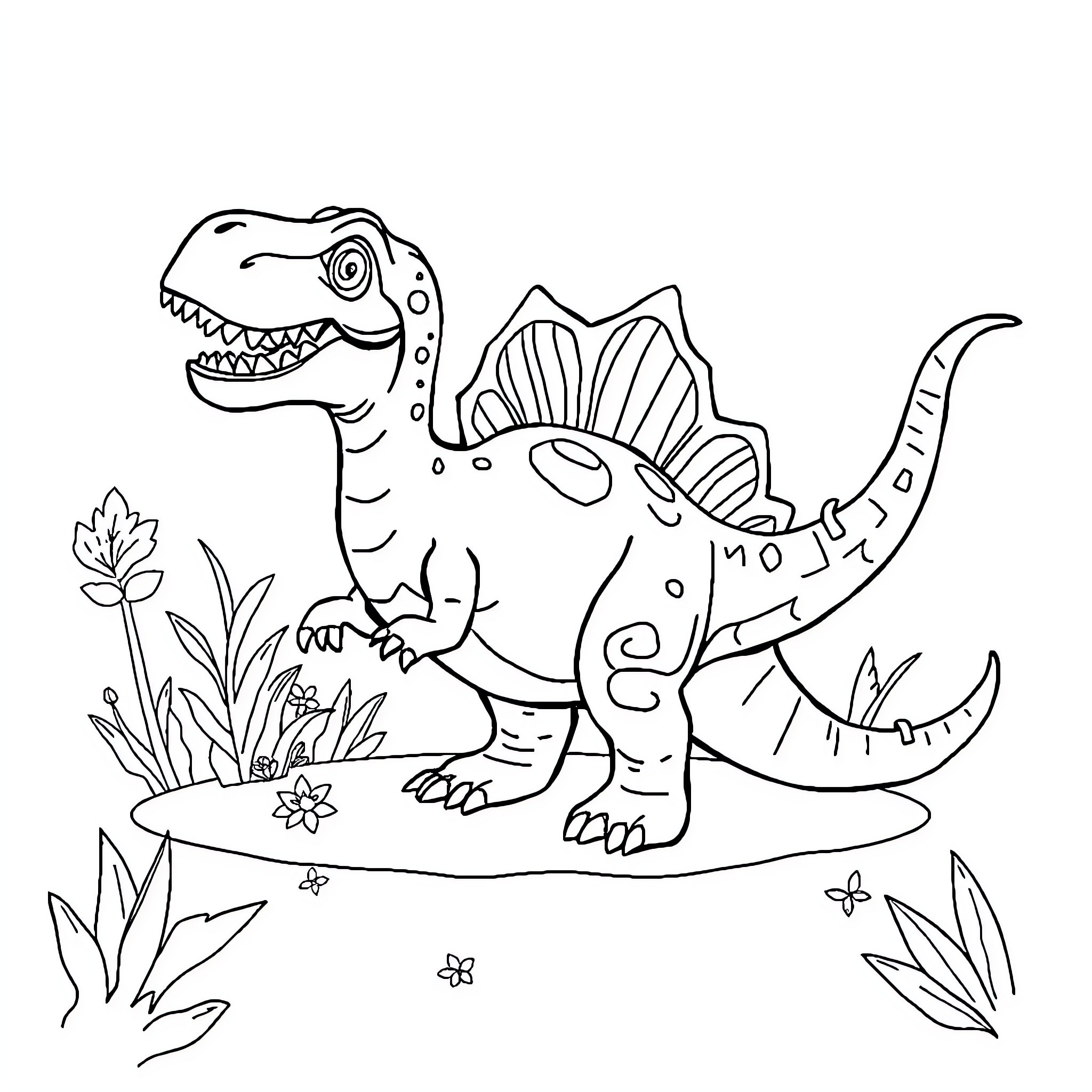 Dinosaur exploring the lush vegetation Coloring Page (free black-and-white line drawing printable PDF for all, from beginners to advanced learners, including children, teens, adults, and seniors)