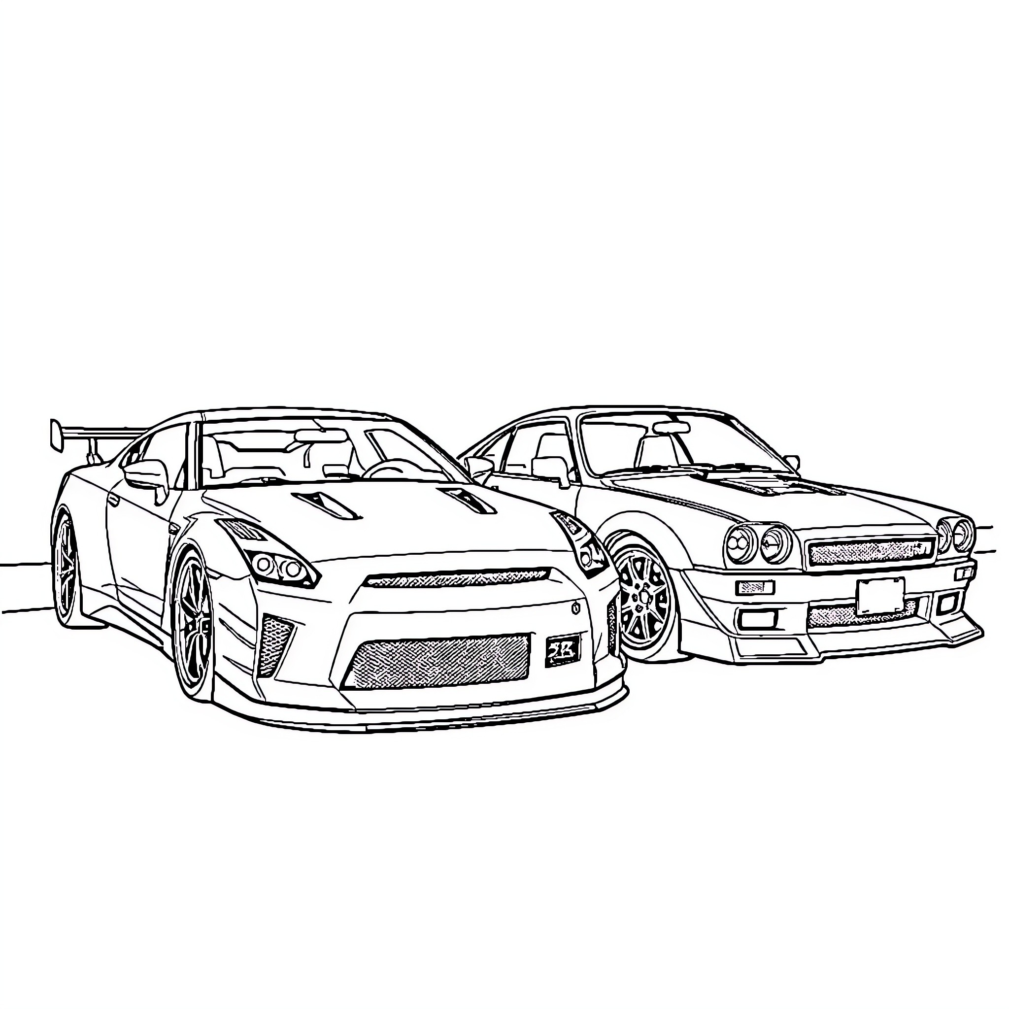 Gtr Sports Cars Parked Together Coloring Page (free black-and-white line drawing printable PDF for all, from beginners to advanced learners, including children, teens, adults, and seniors)