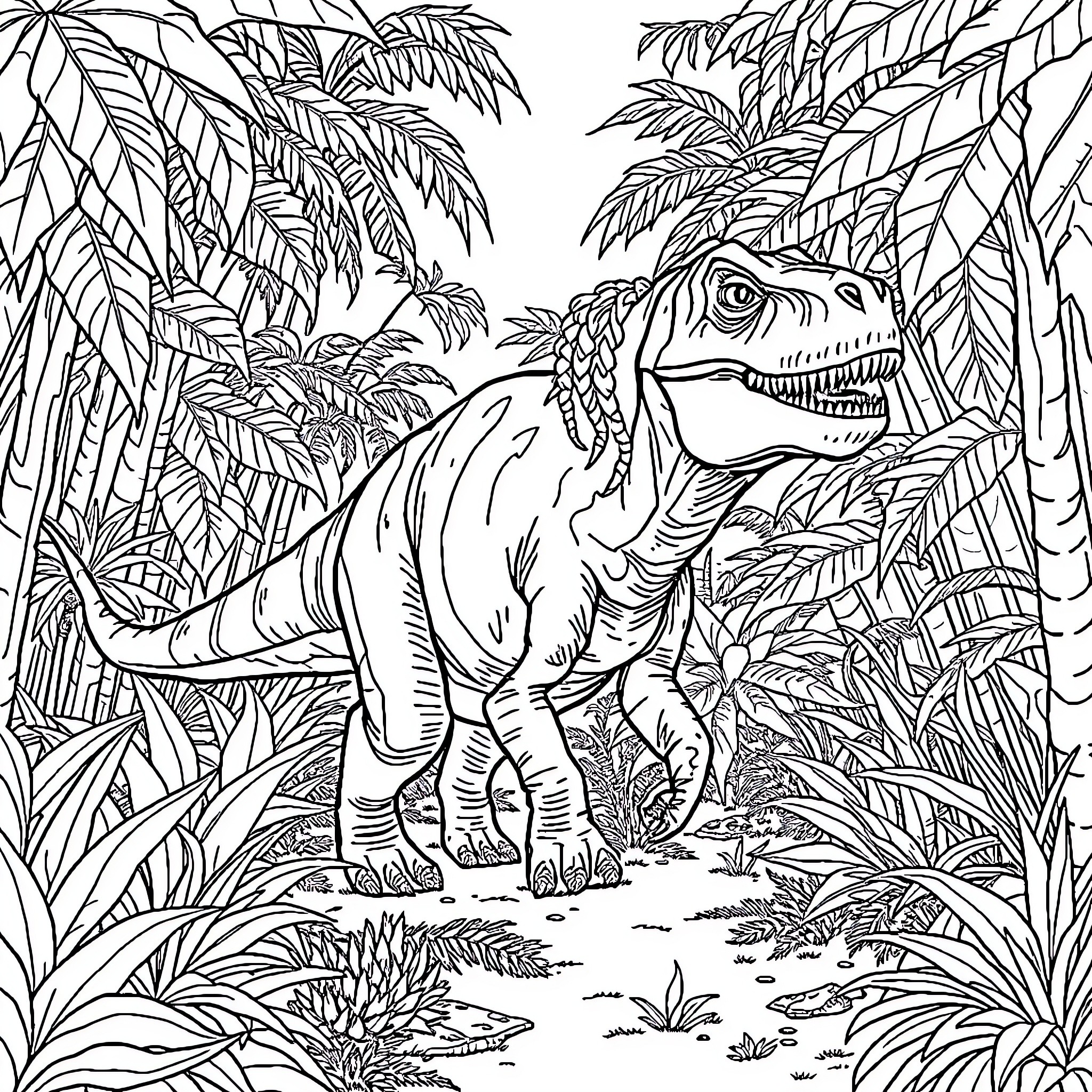 Dinosaur roaming lush tropical jungle Coloring Page (free black-and-white line drawing printable PDF for all, from beginners to advanced learners, including children, teens, adults, and seniors)
