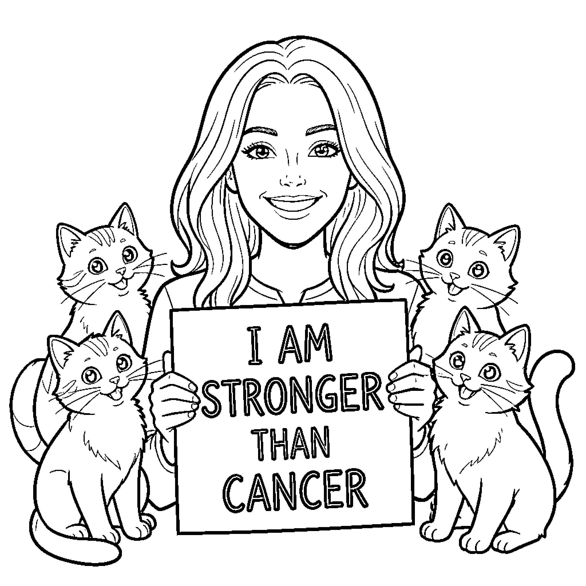 Woman holding sign with motivational message surrounded by cats Coloring Page (free black-and-white line drawing printable PDF for all, from beginners to advanced learners, including children, teens, adults, and seniors)